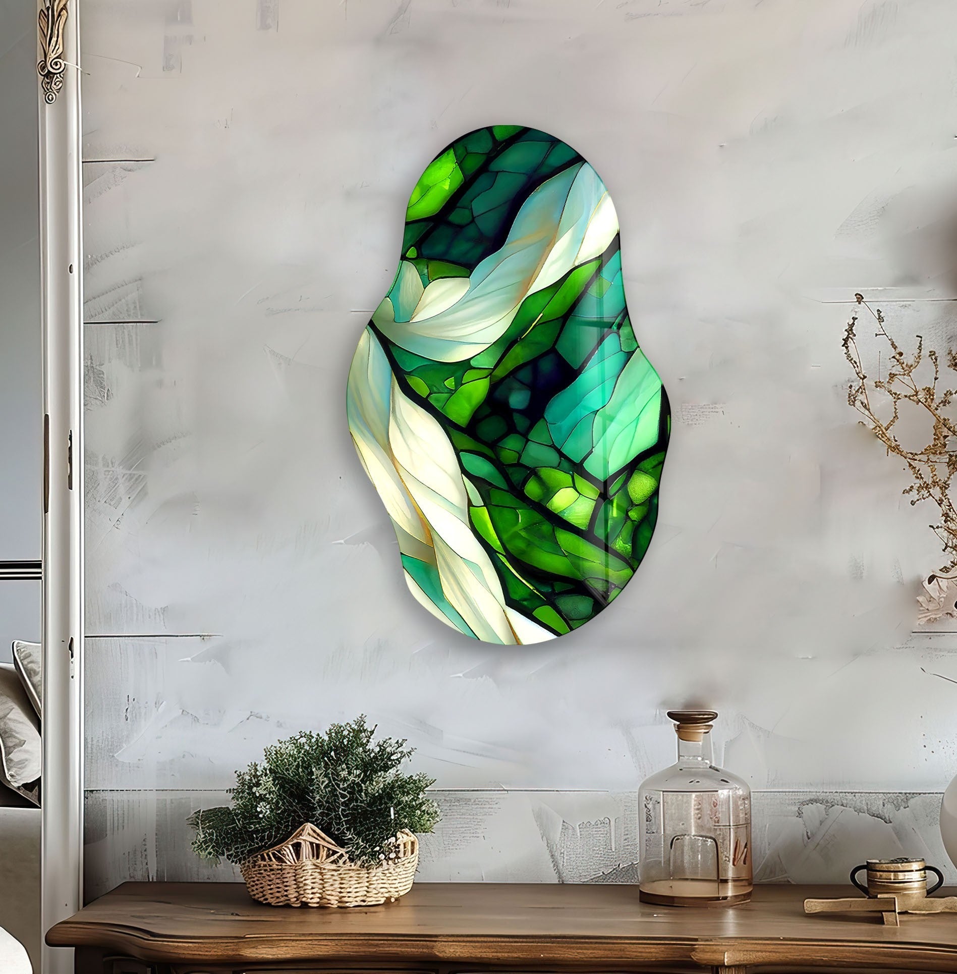 Handmade Asymmetrical Green Stained Glass Wall Art Decor - Modern Abstract Leaf Design for Living Room, Bedroom, Office & Gift Ideas