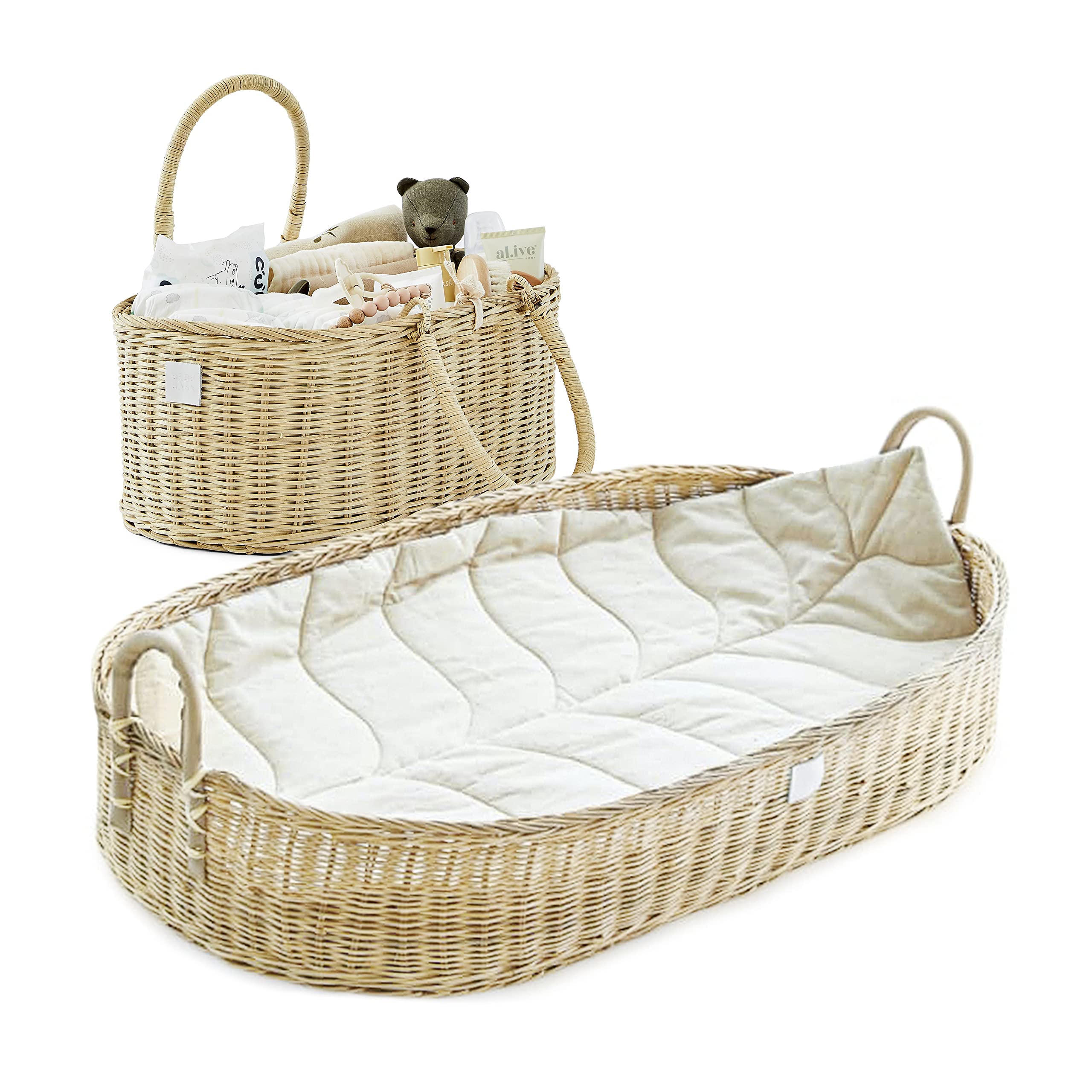 Premium Organic Baby Nursery Bundle - Handmade Matching Baby Changing Basket & Diaper Caddy Organizer Set - Perfect for Nursery Organization & Baby Shower Gifts
