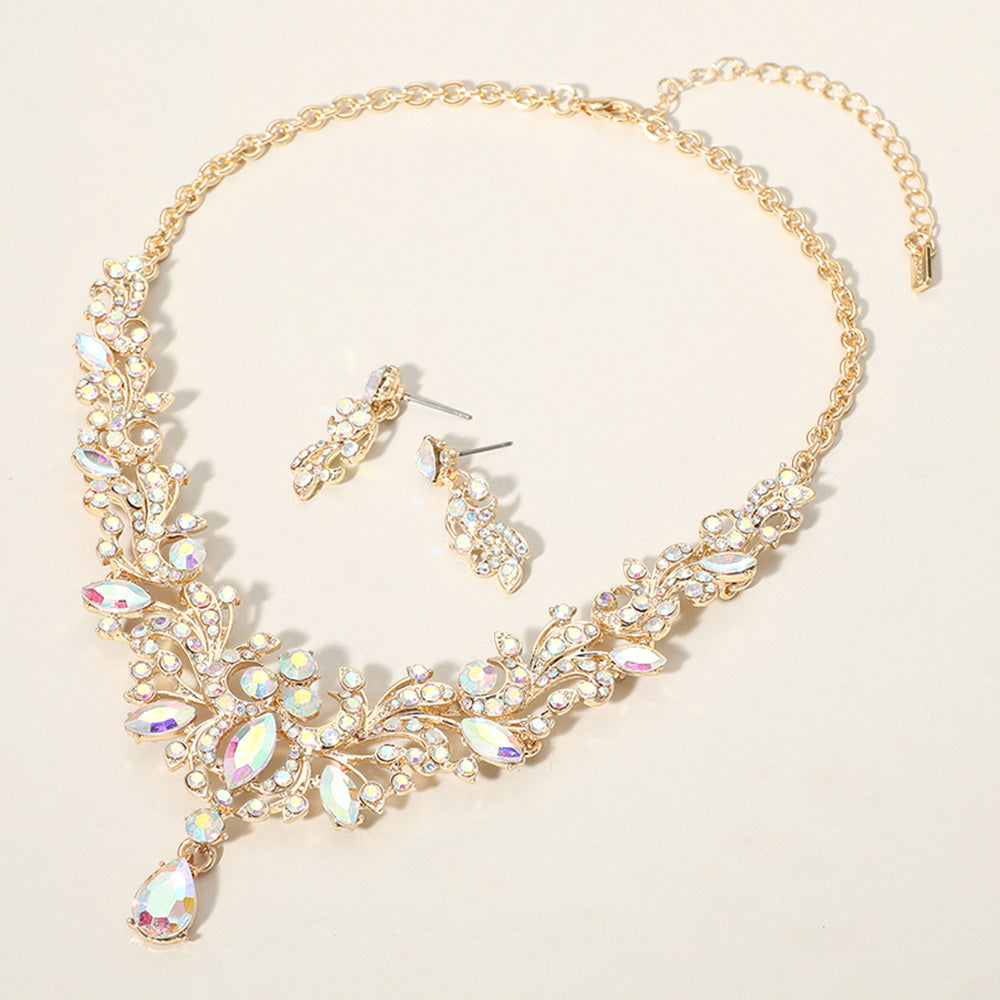 AB Assorted Stone Cluster Prom Necklace Set in Gold - Elegant Evening Jewelry for Women | Perfect for Parties, Weddings & Special Occasions