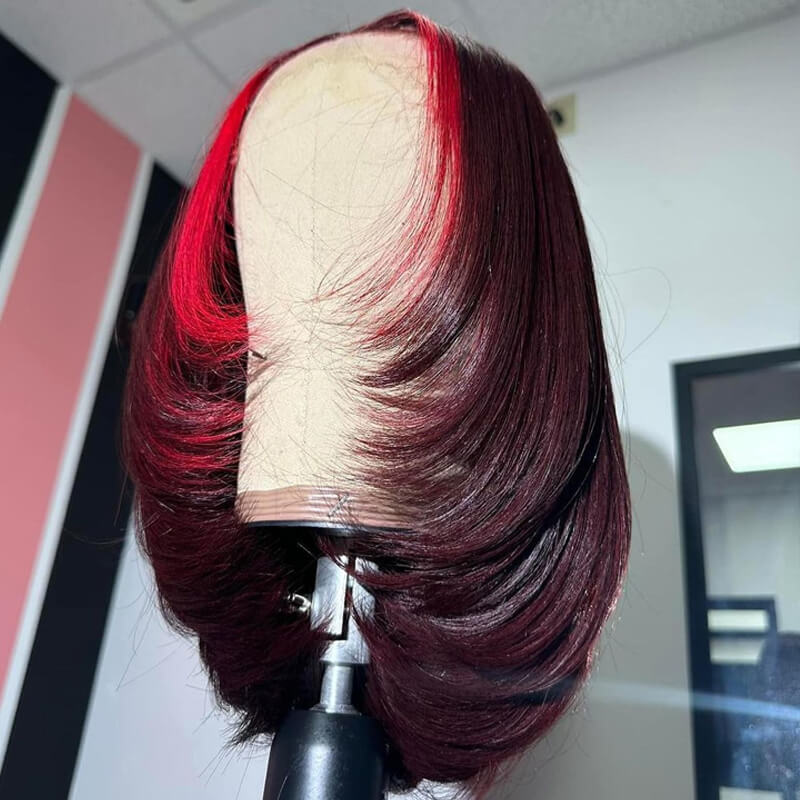 Eullair Wine Red Highlight Straight Skunk Stripe Human Hair Bob Wig - Short Layered Cut, Pre Plucked, Glueless, for Women | Perfect for Cosplay, Parties, and Daily Wear