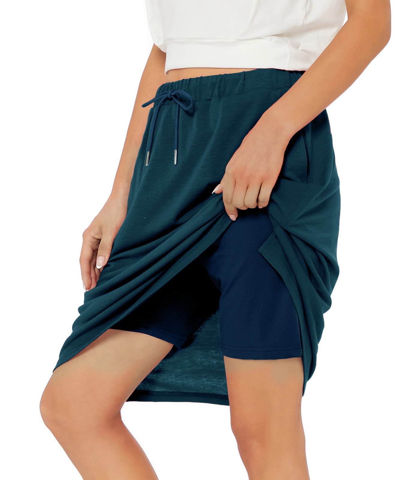 Women's High Waist Tennis Skirt with Pockets - Athletic Skort for Golf, Running & Workouts - Knee Length Drawstring Shorts for Active Lifestyle & Sports Wear