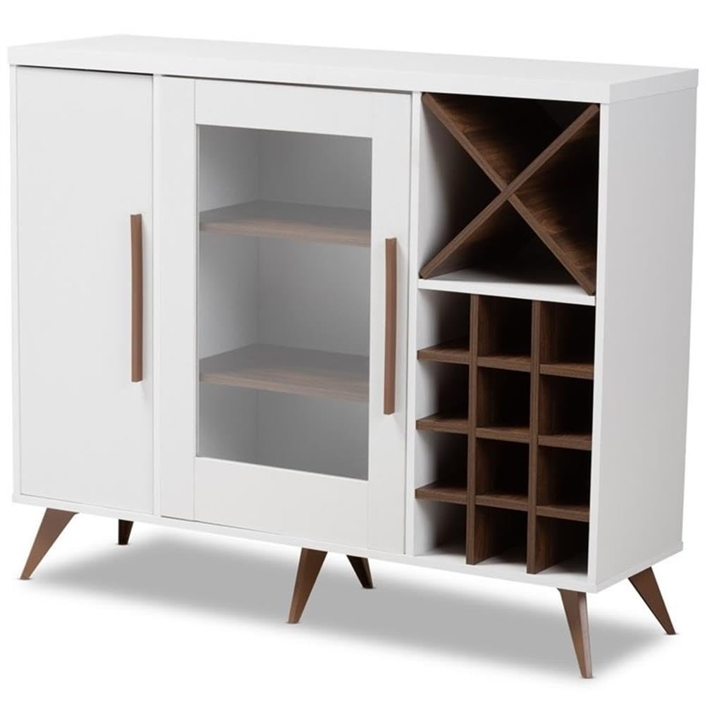 BOWERY HILL White and Brown Wine Cabinet - Rustic Wood Wine Storage for Kitchen, Dining Room or Bar - Perfect for Wine Bottle Organization and Display