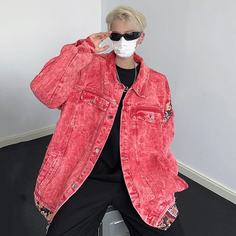 Men's Autumn Denim Jacket - Patchwork Wash, Turn-Down Collar, Single-Breasted Korean Style Coat (9C6649) | Casual Streetwear & Fall Layering Essential