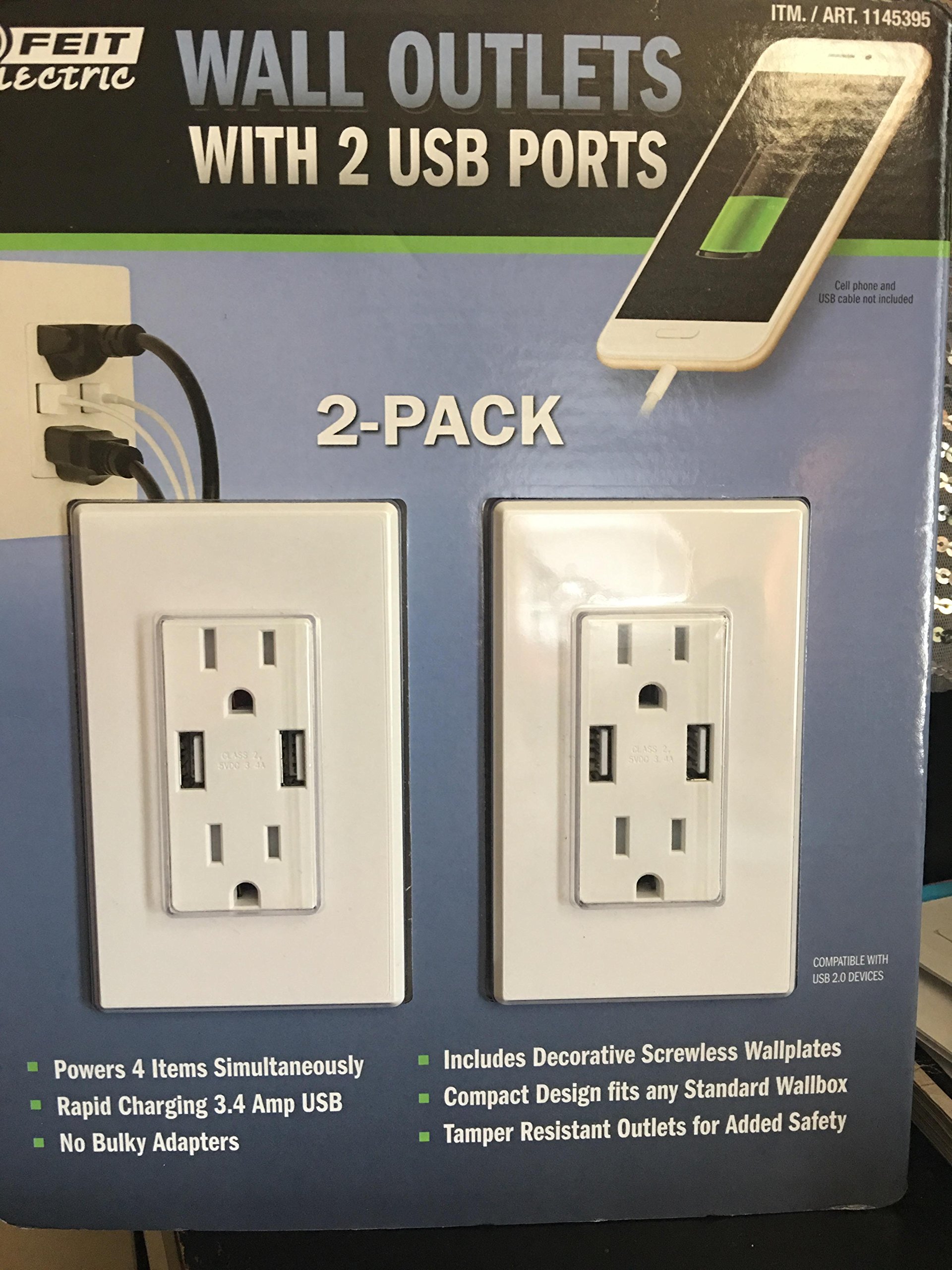 Feit Electric Wall Outlet with 2 USB Ports - Dual Charging Station for Smartphones & Tablets - Perfect for Bedrooms, Offices & Hotels
