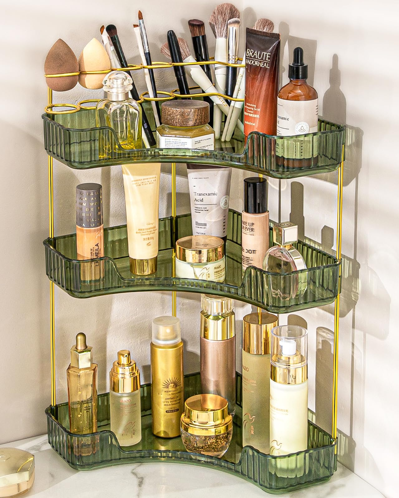 3-Tier Corner Makeup Organizer with Brush Holder - Green Vanity & Bathroom Storage for Cosmetics | Perfect for Small Spaces, Countertop Organization & Travel Essentials