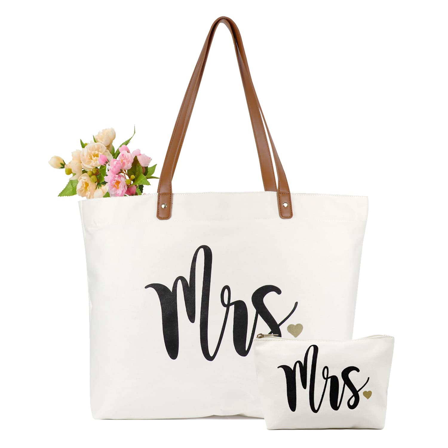 Lamyba Bride Tote Bag with Matching Makeup Pouch - Elegant Mrs Tote for Wedding & Bridal Shower Gift - Premium White Canvas Bag for Bride, Bridesmaids & Wedding Essentials
