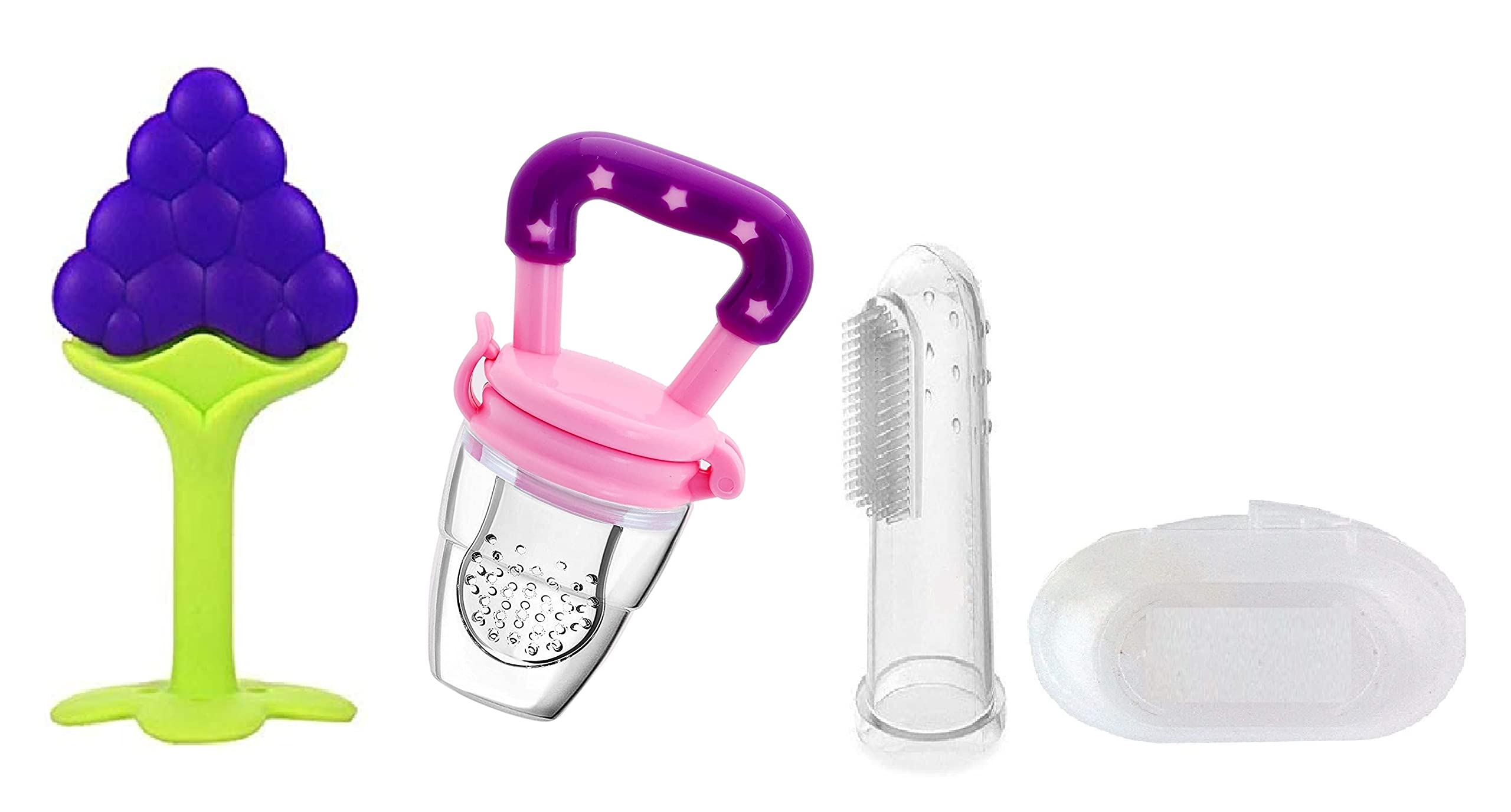 Manan Baby Comb Set - Soft Bristle Hair Brush, Fruit Nibbler & Teether, Finger Toothbrush - 4 Piece Multicolor Kit for Newborns & Toddlers | Perfect for Bath Time, Teething Relief & Early Oral Care