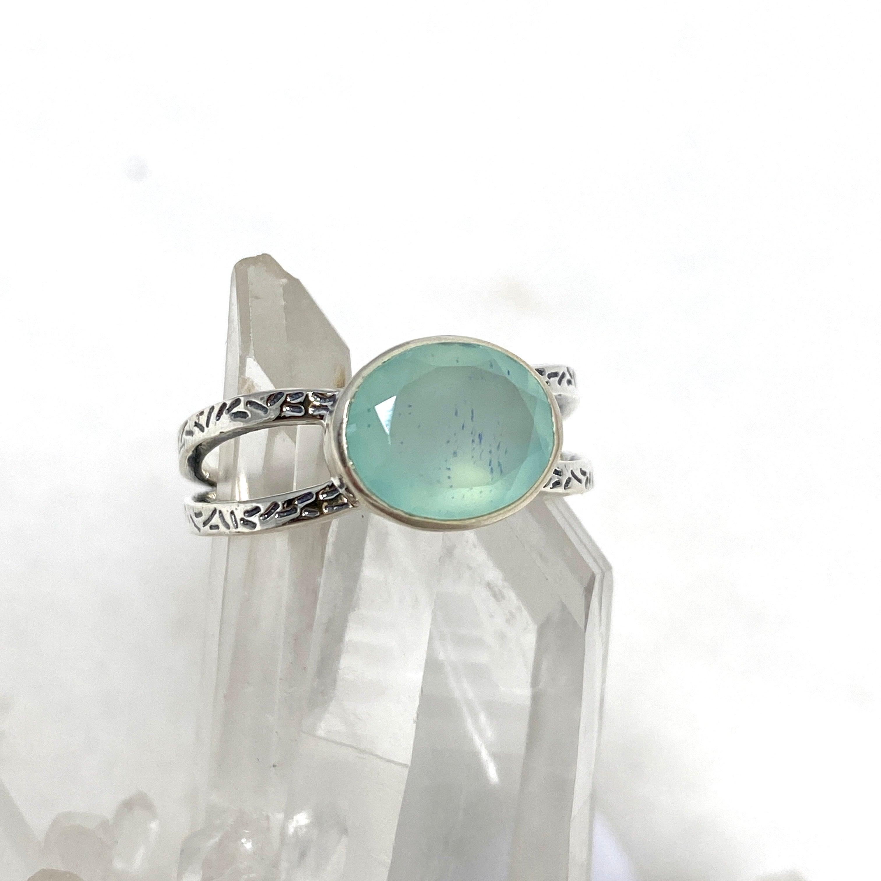 Aqua Chalcedony Faceted Oval Split Band Ring for Women - Elegant Decorative Jewelry R3861 | Perfect for Weddings, Parties & Everyday Wear