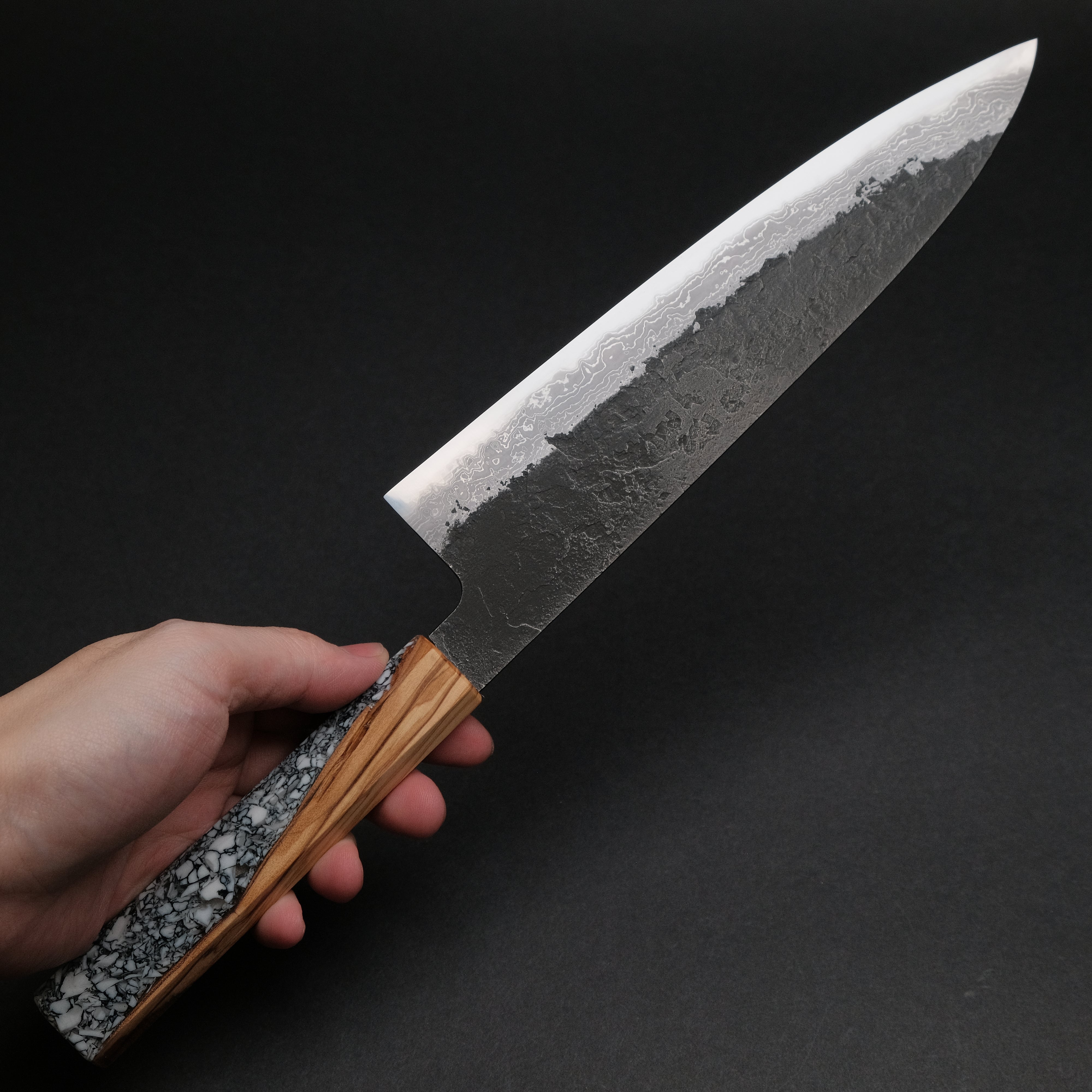 Premium Ajikataya White #2 Nashiji Damascus Gyuto 210mm Japanese Chef Knife with Olive/TQRV Handle (#45) - Perfect for Sushi, Meat Slicing & Professional Kitchen Use