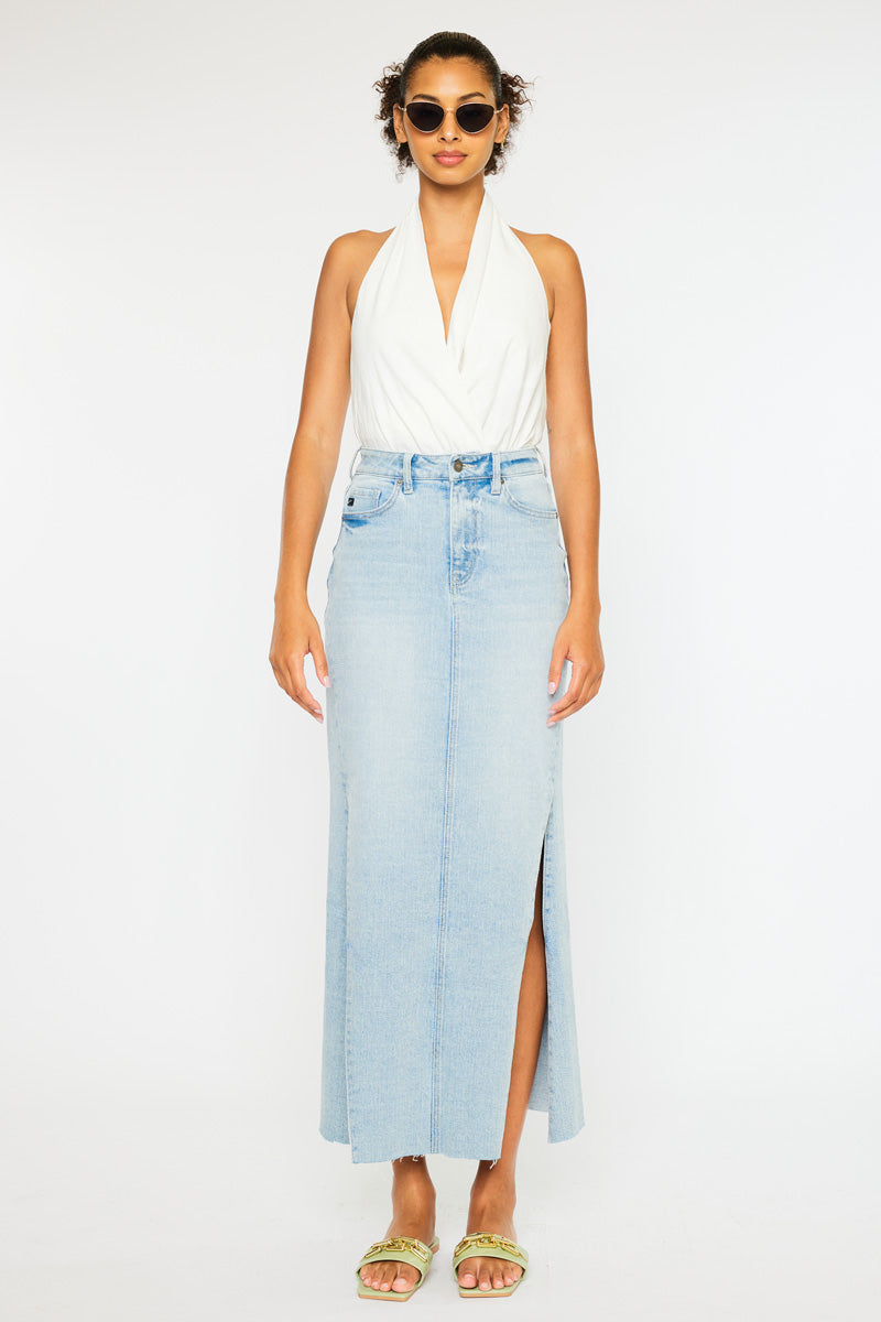 Melinda Women's Maxi Denim Skirt - High Waisted Long Denim Skirt for Women, A-Line Stretch Jeans Skirt with Pockets | Perfect for Casual Outfits, Date Nights & Summer Fashion