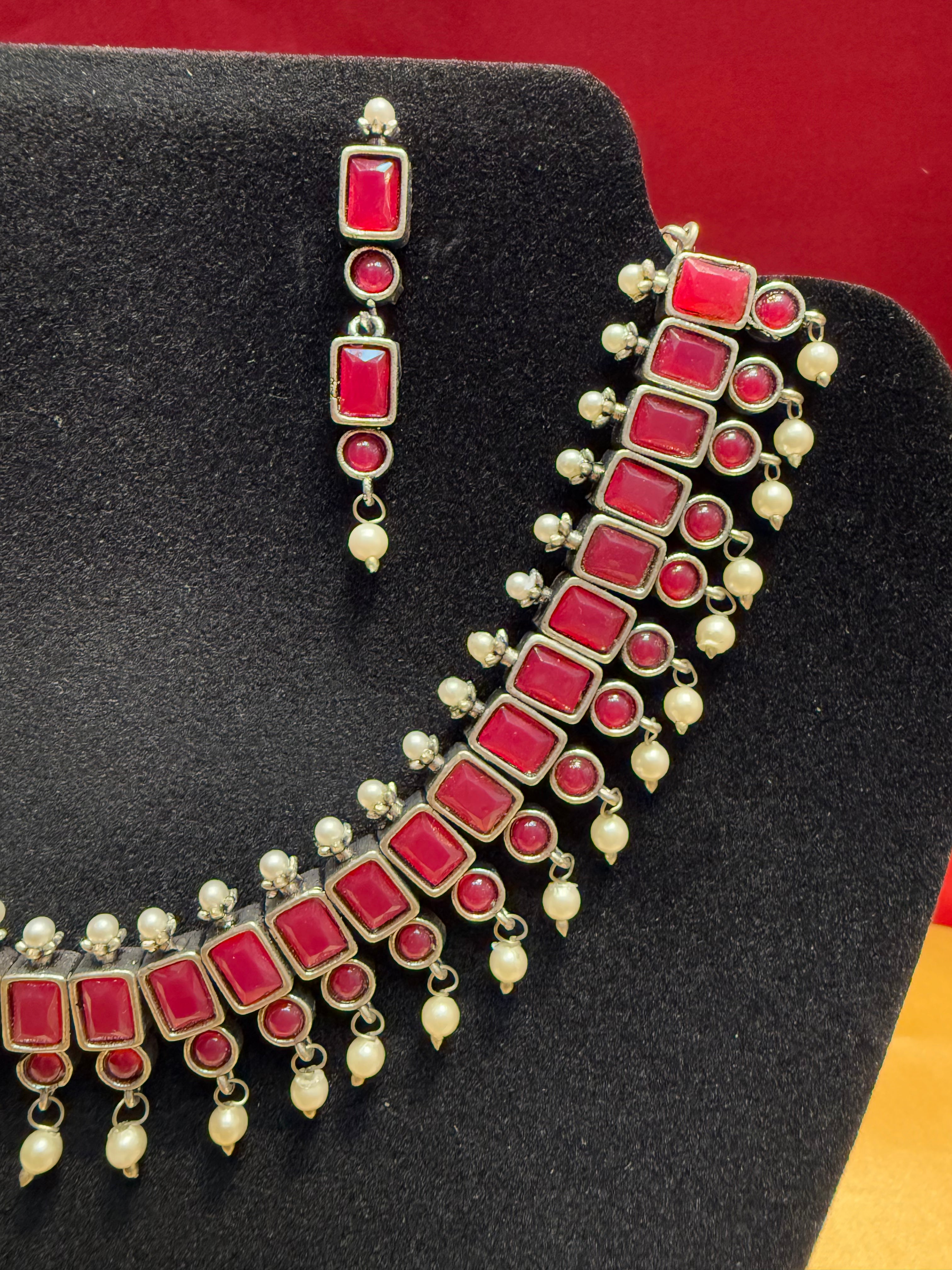 Elegant Pink Oxidized Pearl Drop Necklace and Earrings Set for Women - Vintage Jewelry Gift for Brides, Party & Special Occasions