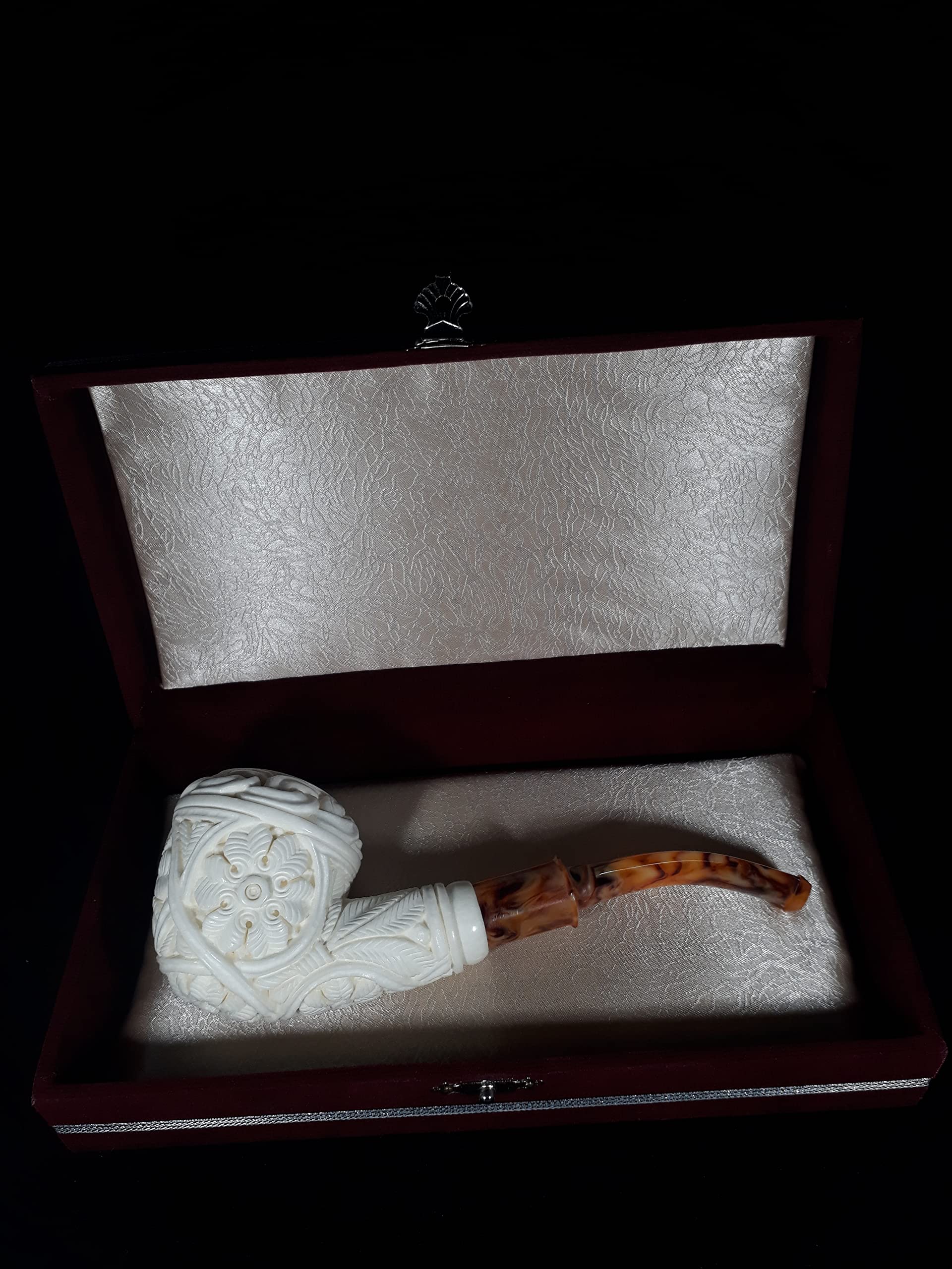 Premium Meerschaum Smoking Pipe with Floral Embossed Design & Bent Stem - Handcrafted Block Meerschaum for Smooth Tobacco Enjoyment - Perfect for Relaxation, Collectors & Gift Giving
