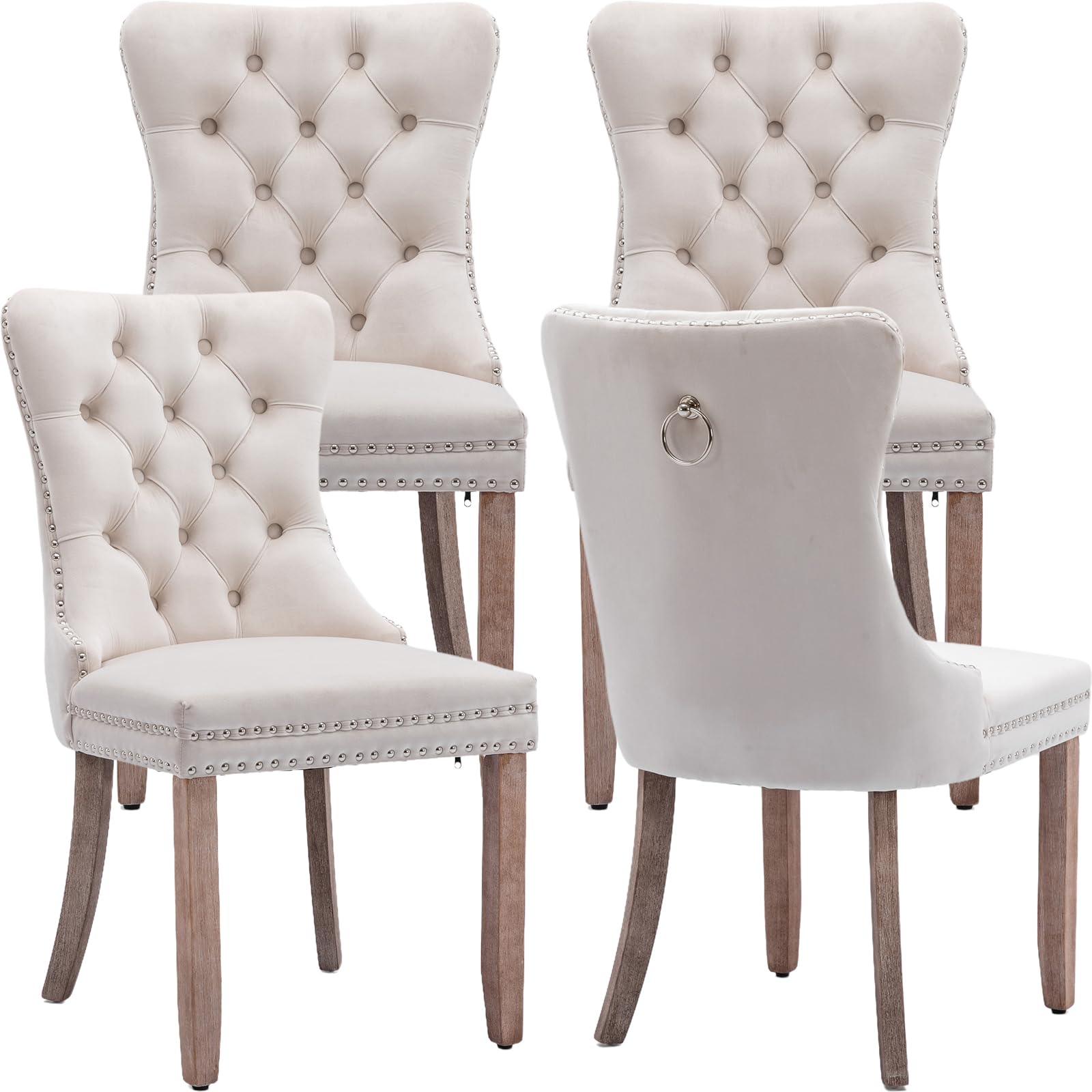 Beige Velvet Dining Chairs Set of 4 - Mid Century Modern Kitchen & Dining Room Chairs with Tufted Fabric Upholstery, High Wing Back Design, Wood Frame and Pull Ring Handles - Perfect for Home Dining, Restaurant Decor and Vintage Style Interior