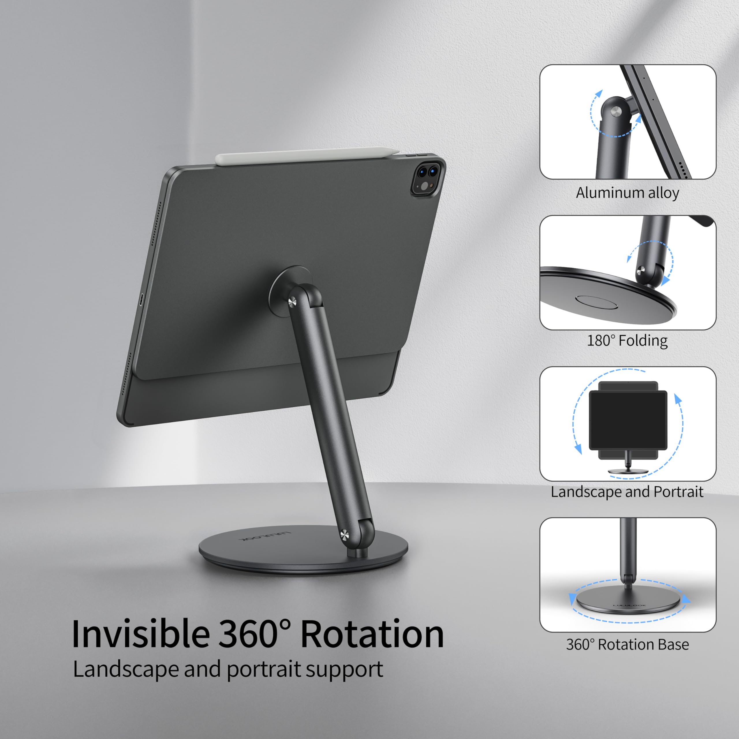 LULULOOK Magnetic Stand for iPad Pro 11 inch M4 (2024) - 360° Adjustable Aluminum Alloy Desk Stand with Foldable Design | Perfect for Home Office, Study, Drawing & Watching Videos