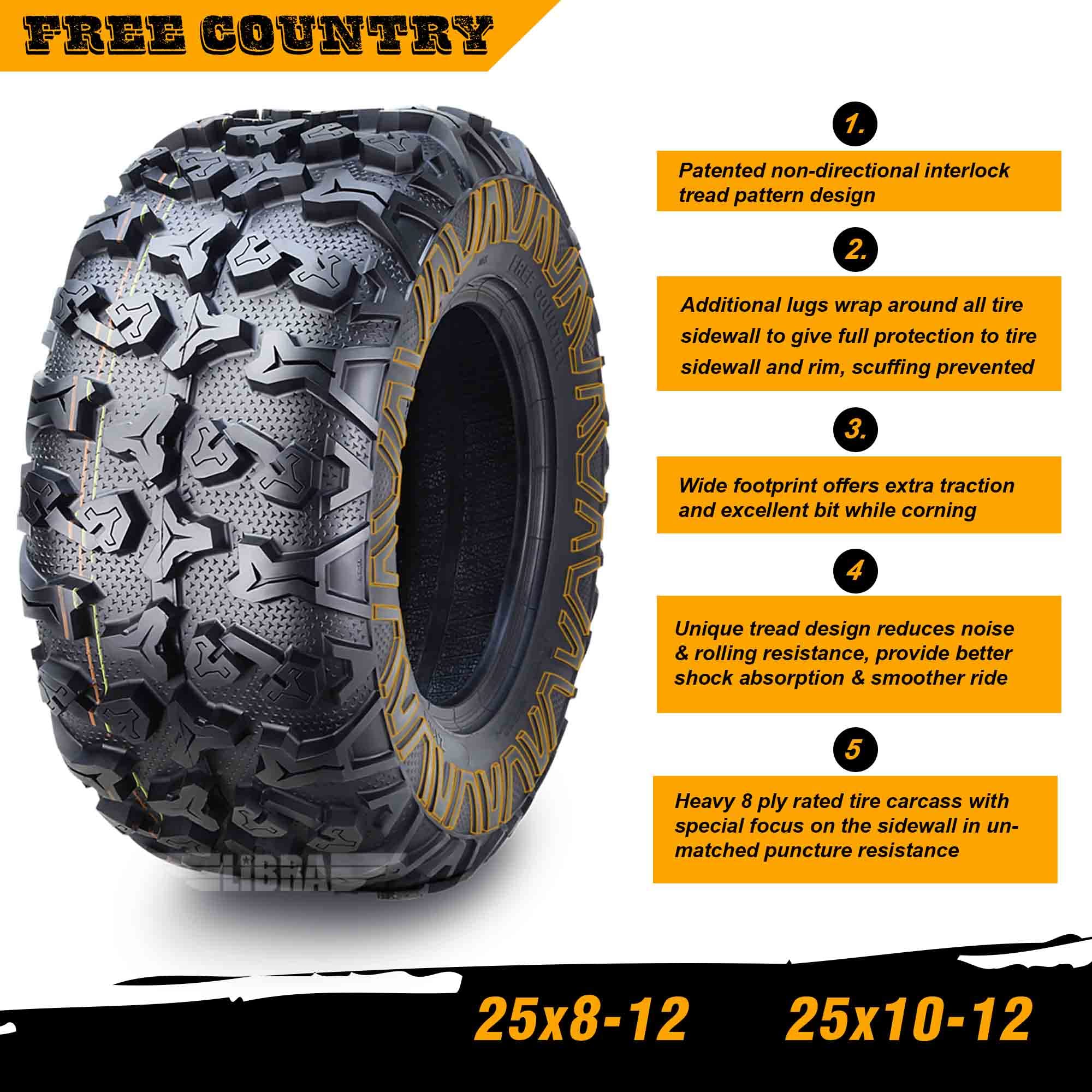 Premium FREE COUNTRY 8PR ATV Tires 25x8x12 & 25x10x12 - Compatible with 2013-2019 John Deere Gator RSX850/860 - All-Terrain Off-Road Performance for Mud, Sand & Trail Riding