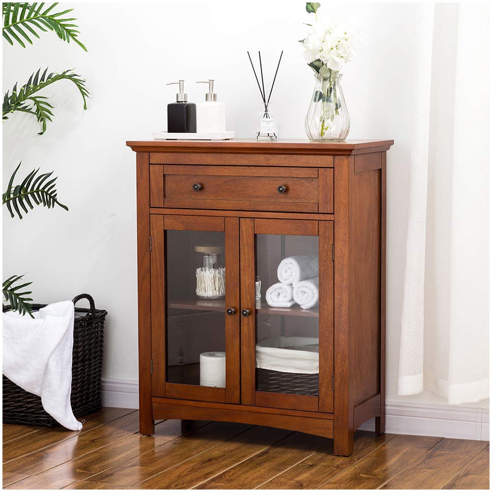 Glitzhome 32 Inch Wooden Free Standing Floor Storage Cabinet with Glass Double Doors and Drawer - Bathroom, Living Room, Bedroom, Kitchen Organizer for Home Decor & Display