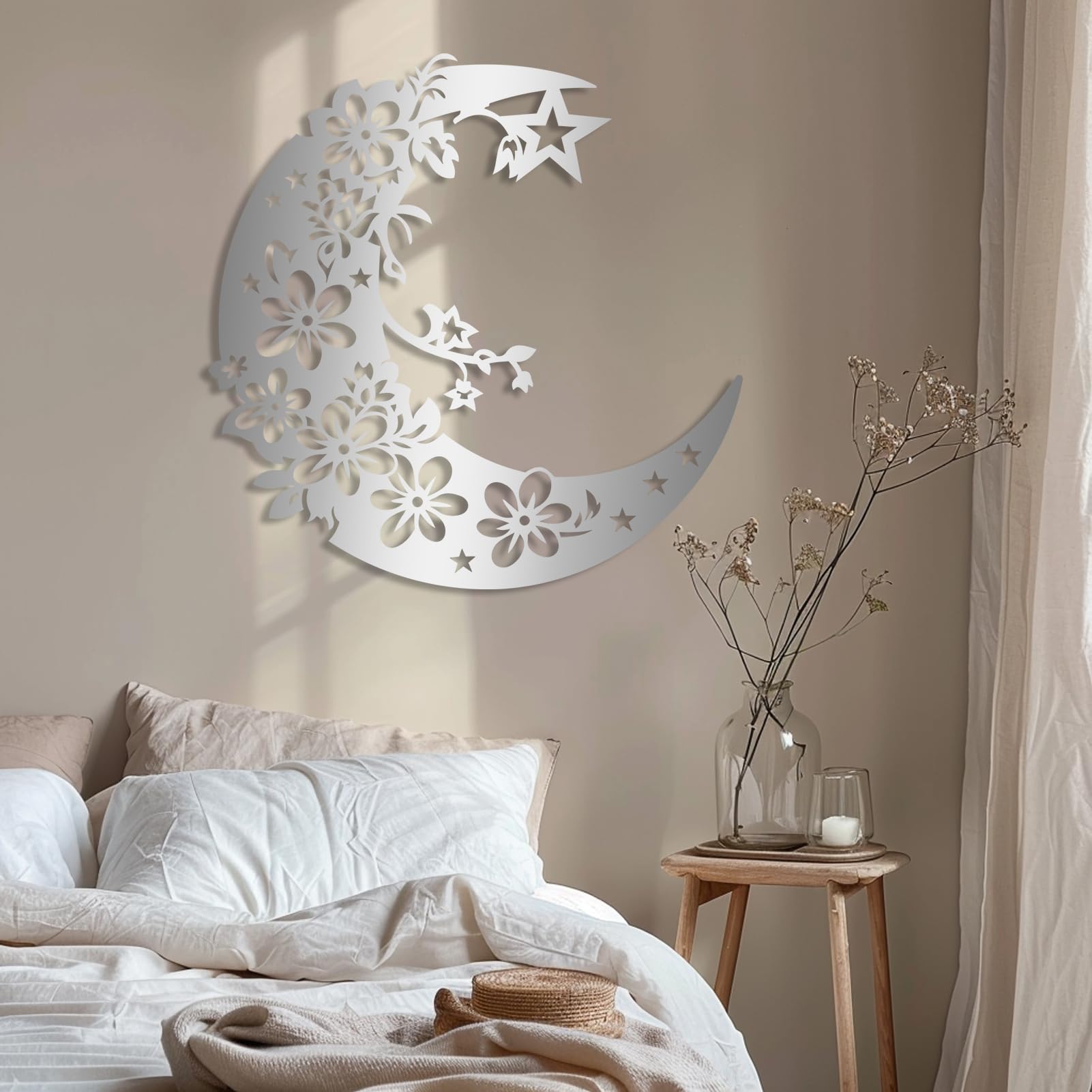 Metal Moon and Stars Wall Decor - Boho Moon Wall Art for Living Room, Bedroom & Office - Handcrafted Metal Flower Wall Hanging - Perfect for Home, Nursery & Workspace Decor