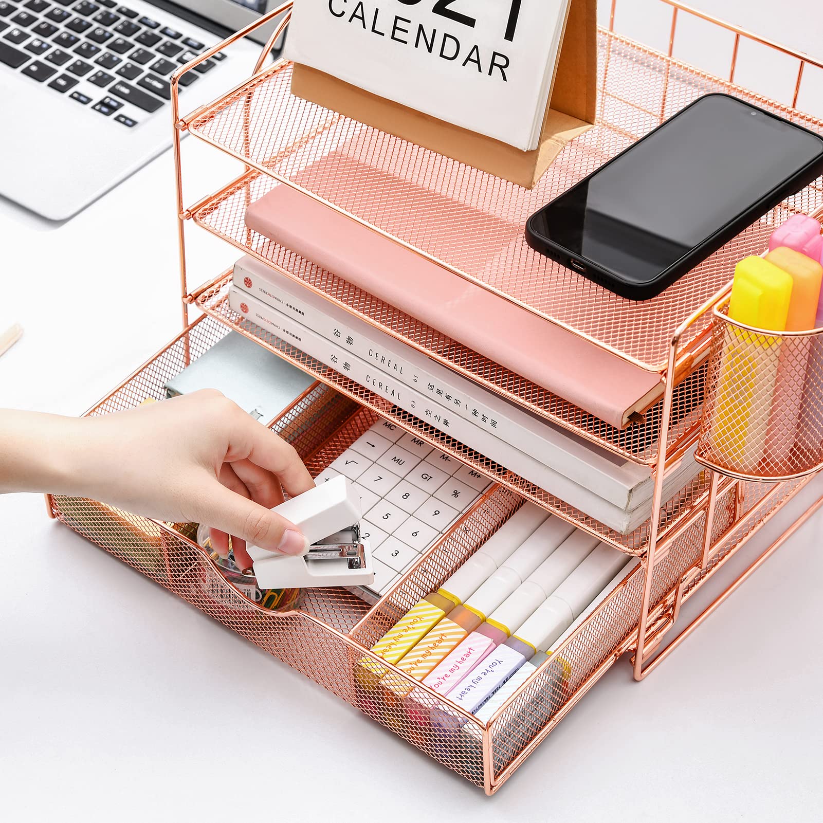 Marbrasse 4-Tray Desk File Organizer with 2 Pen Holders & Drawer - Rose Gold Desktop Hanging File Holder for Office Paper Letter Tray Organization - Perfect for Home Office, Workspace, and School Supplies Storage