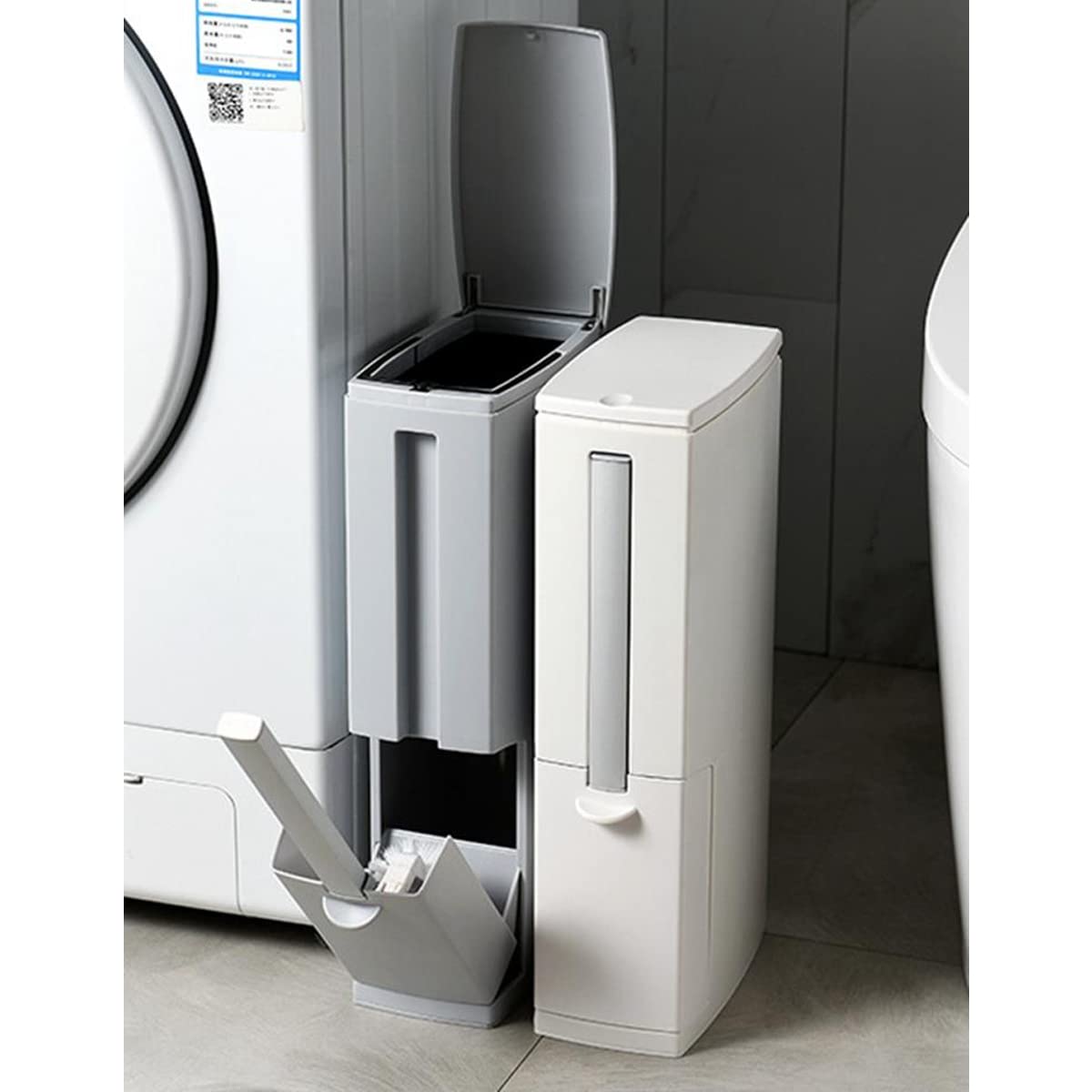 Slim White Rectangular Modern Bathroom Trash Can with Pop-Up Lid - 5 Liter 3-in-1 Waste Bin with Brush & Holder, Press Top Garbage Can for RV, Home, Office - Perfect for Small Spaces, Bathrooms & Travel Use