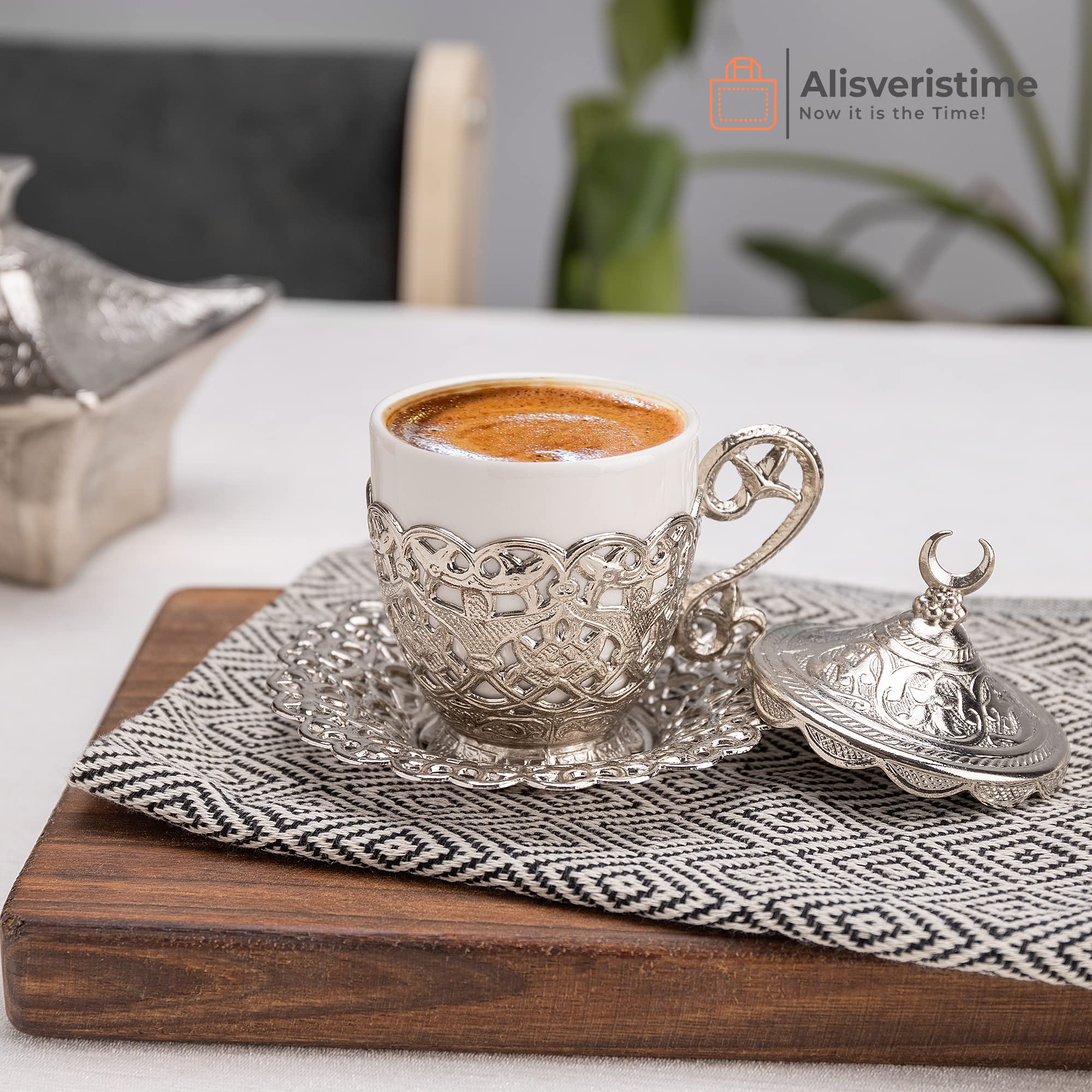 27-Piece Turkish Greek Arabic Coffee Espresso Cup & Saucer Set - Elegant Silver Floral (Gelincik) Design for Home, Cafe & Gift Giving - Perfect for Traditional Coffee Ceremonies & Entertaining Guests