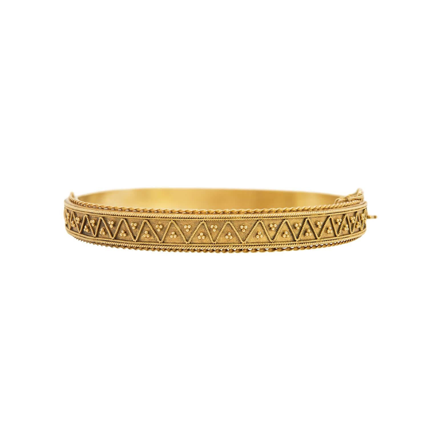 15k Gold Victorian Etruscan Hinged Bangle Bracelet - Vintage Jewelry for Women, Elegant Gift for Weddings & Special Occasions
