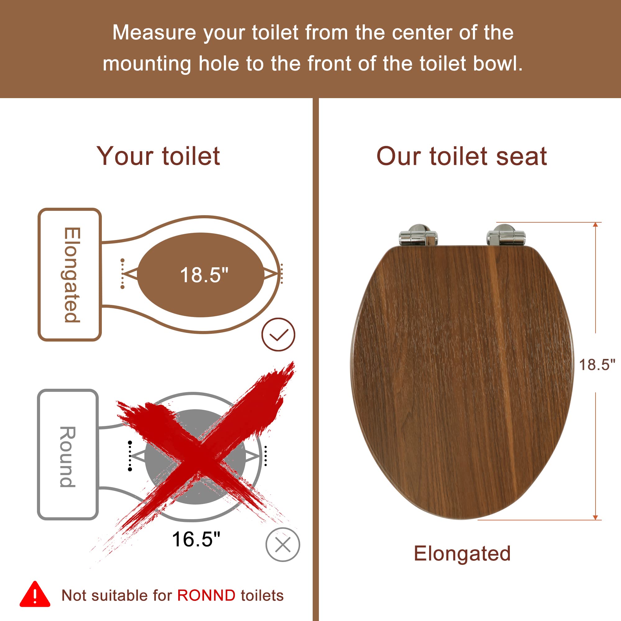 Angol Shiold Elongated Wood Toilet Seat with Soft-Close Hinges - Easy Install & Clean, Quick Release (Walnut Finish) - Perfect for Modern Bathrooms & Home Renovations