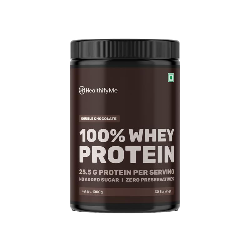 Healthifyme 100% Whey Protein Powder - 1 KG (2.2 lbs) | Whey Isolate & Concentrate Blend | 25.5g Protein per Serving | Digestive Enzymes Added | No Sugar, Preservatives | Muscle Recovery & Growth | Double Chocolate Flavor | Ideal for Post-Workout & Fitness Enthusiasts