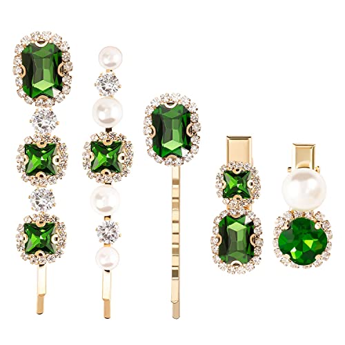5 Pcs Emerald Green Hair Barrettes with Rhinestone Pearls - Elegant Hair Pins & Bobby Pins for Women - Crystal Hair Slides & Clips for Wedding, Party & Everyday Styling (Light Green)