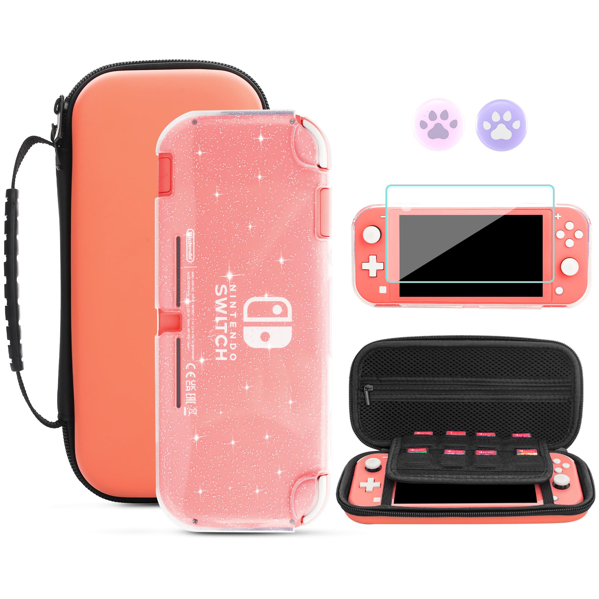 Pink Nintendo Switch Lite Carrying Case with 8 Game Card Slots - 4-in-1 Accessories Kit Includes Clear Glitter TPU Shell, Screen Protector & 2 Thumb Grips - Portable Travel Case for Gaming On-The-Go, Commuting & Vacations