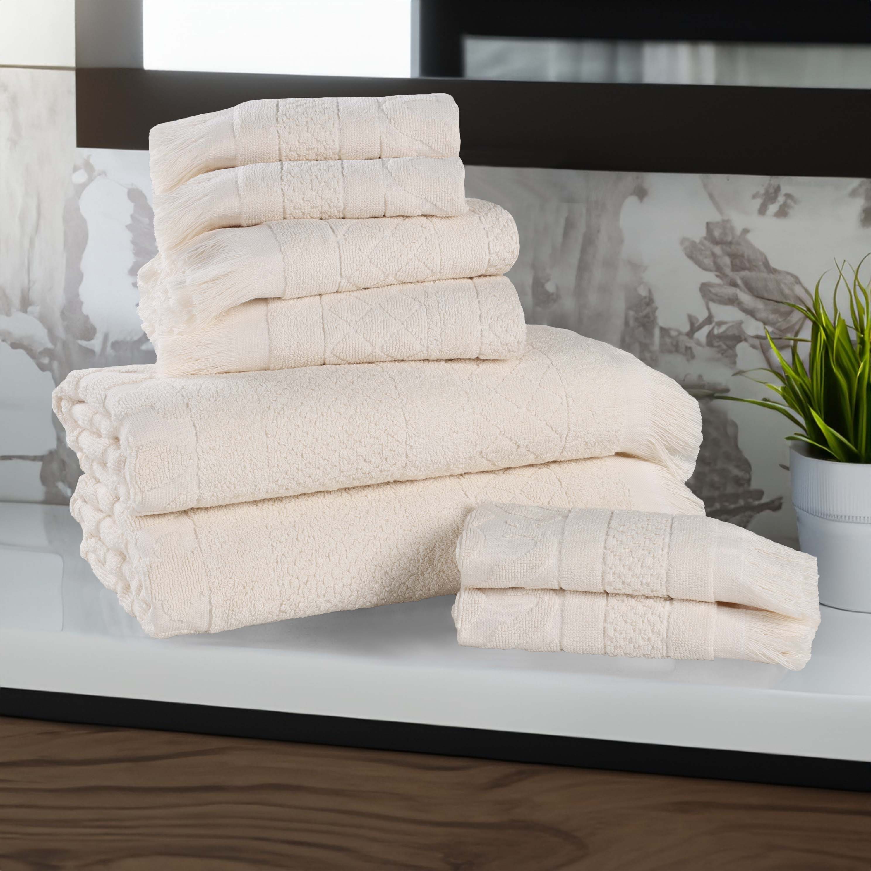 Rolla Cotton Geometric Jacquard Plush Soft Absorbent 8-Piece Bath Towel Set | Luxury Bath & Beach Towels for Spa, Pool & Home Use