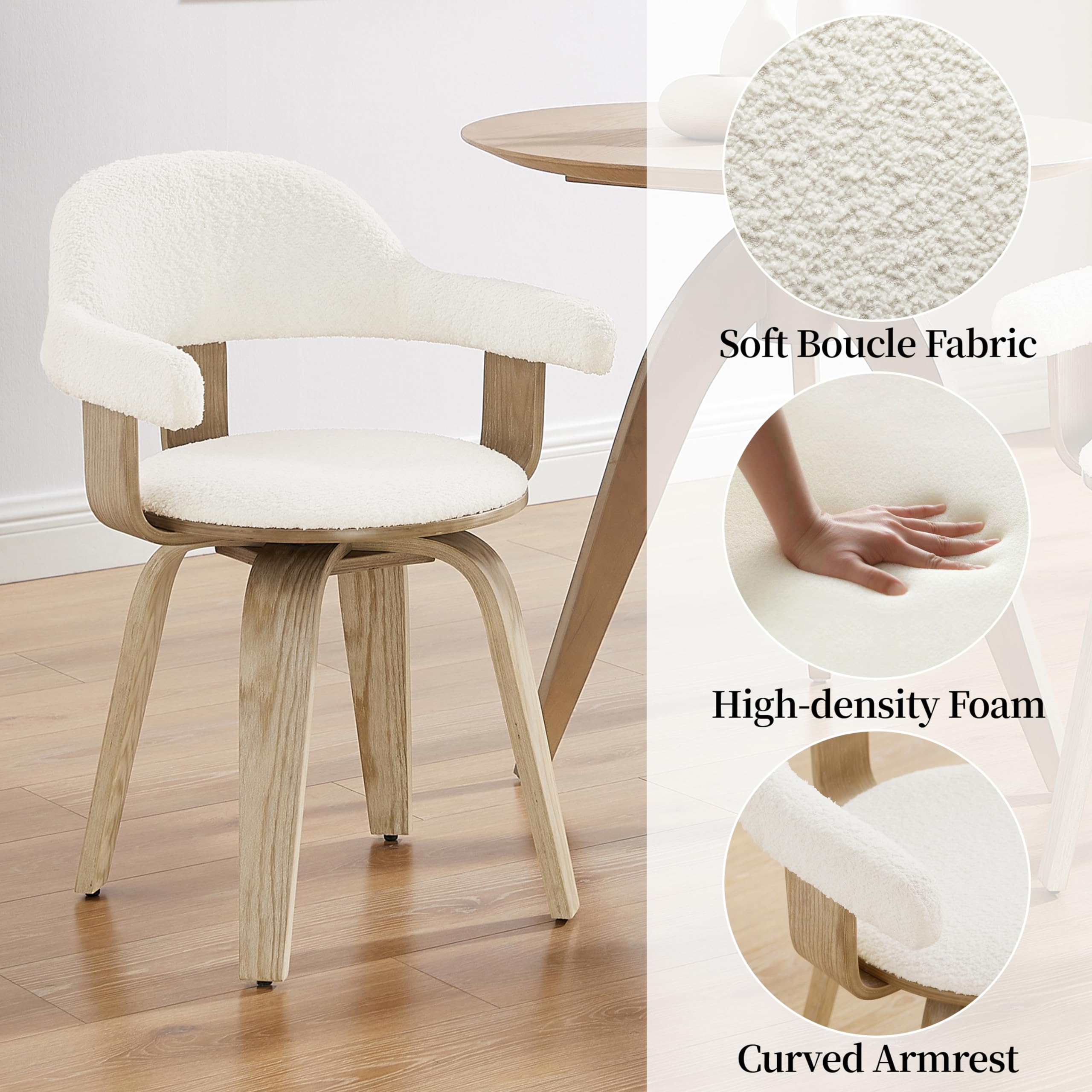 Art Leon Mid Century Modern Swivel Accent Chair - No Wheels Desk Chair with Boucle Fabric & Wood Legs for Home Office, Living Room or Bedroom - White | Perfect for Workspaces, Reading Nooks & Cozy Home Decor