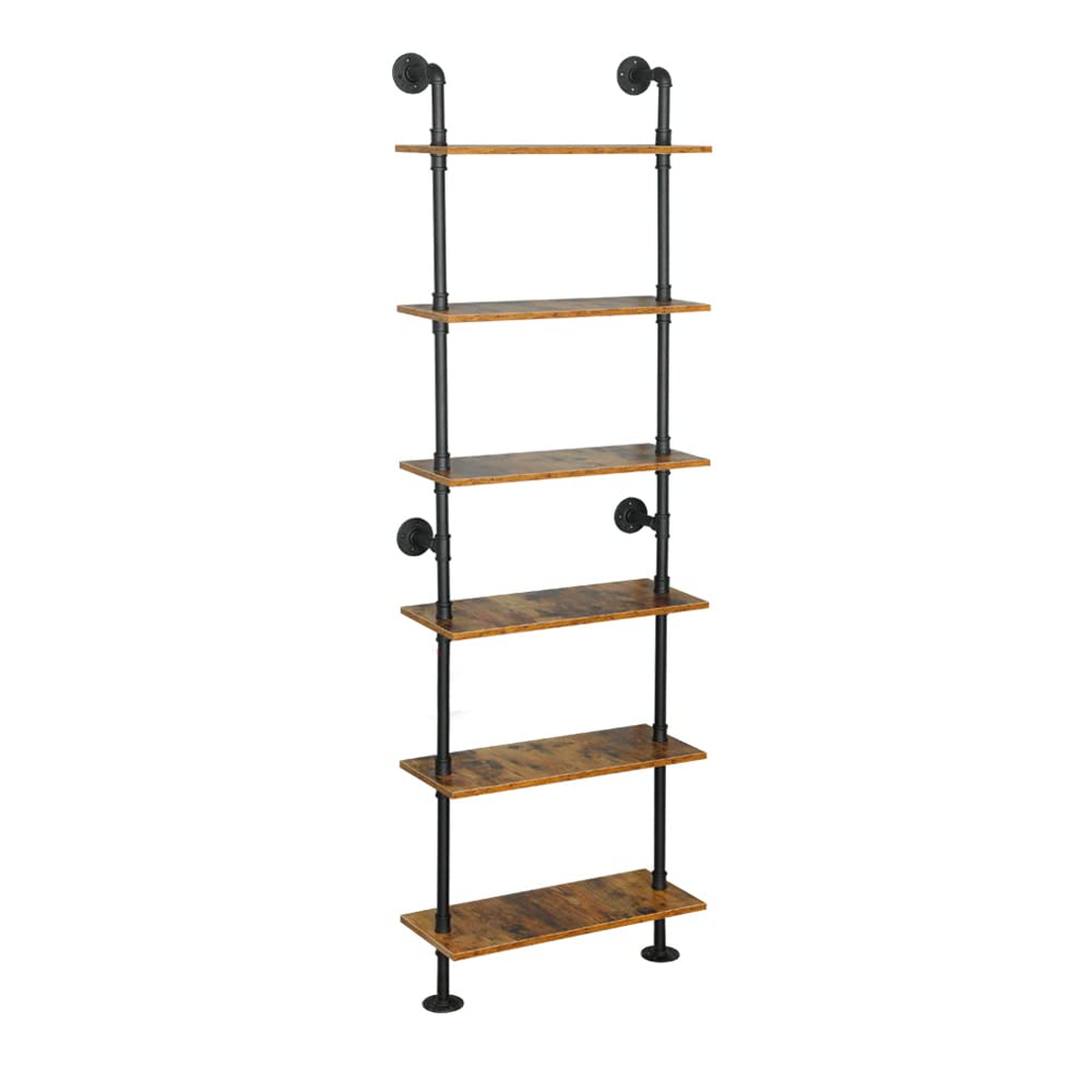 Industrial Pipe Shelving Unit - 6-Tier Metal Ladder Shelf with Wood Shelves, Modern Wall Mount Bookcase for Home, Office & Living Room Decor (23.6