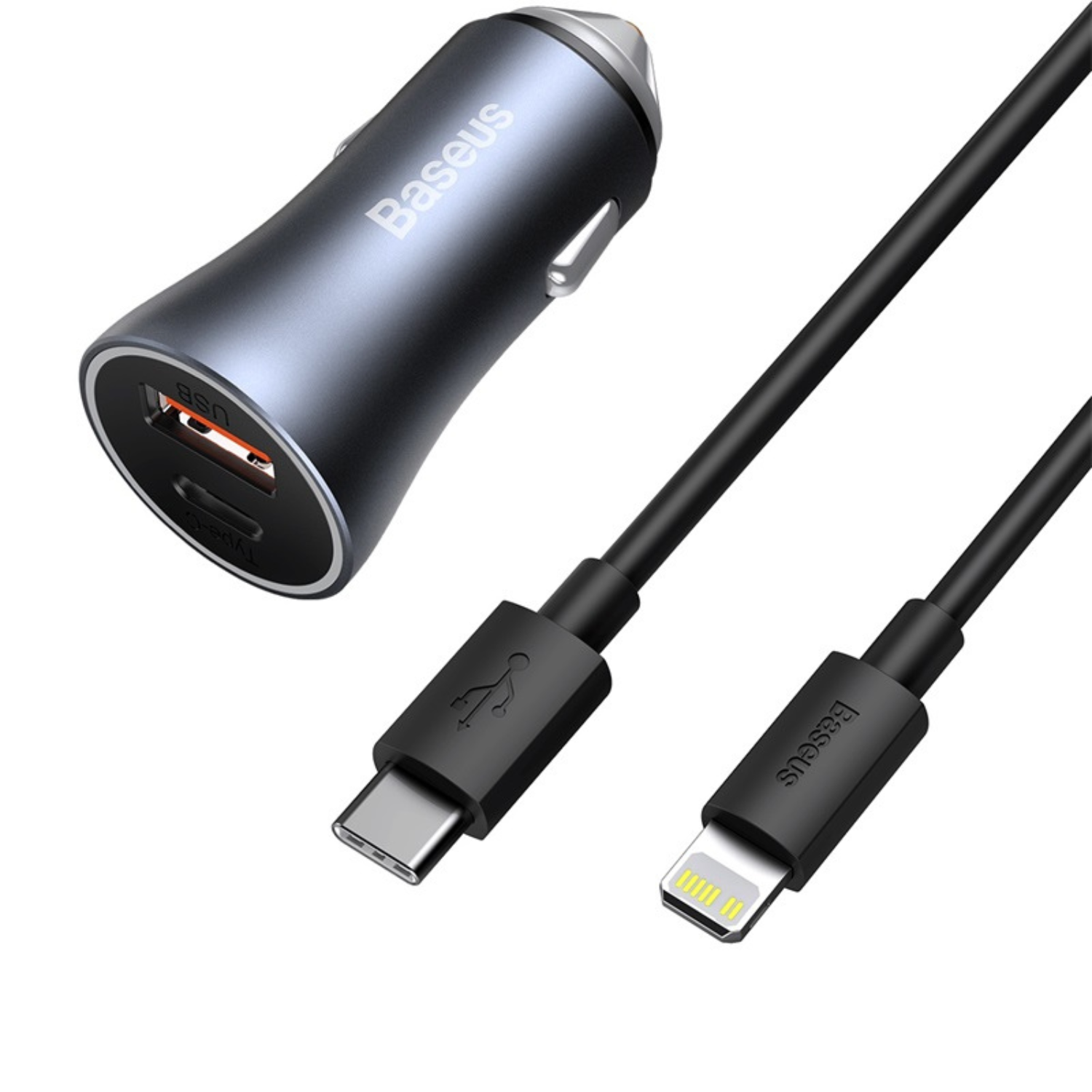 Baseus 40W Fast Car Charger with Dual USB & USB-C Ports + 1M Lightning Cable - Gray | Quick Charge for iPhone, Android & More | Perfect for Road Trips & Daily Commute