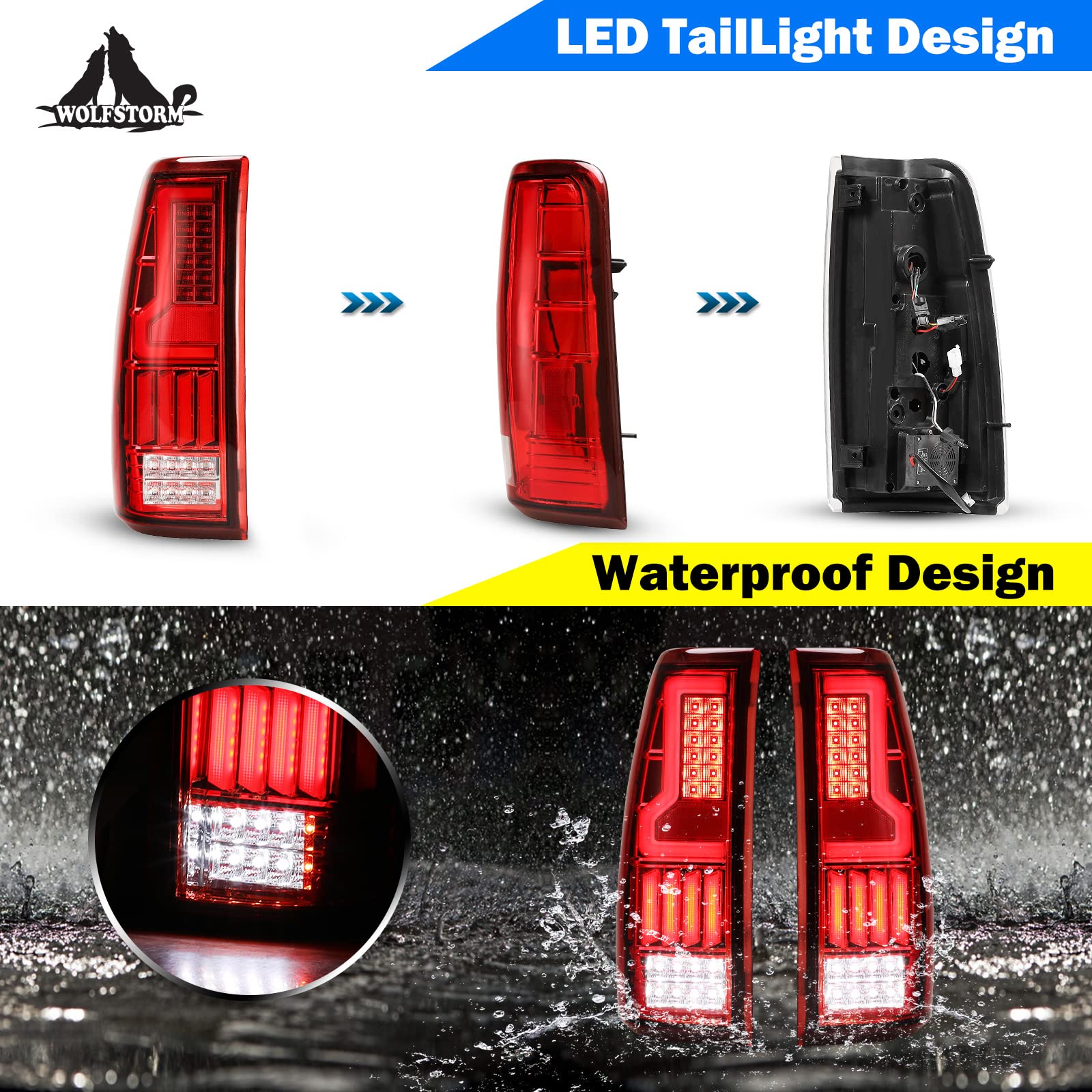 WOLFSTORM LED Tail Lights for 1999-2006 Chevy Silverado & 1999-2002 GMC Sierra - Red Lens (1 Pair) - Not Compatible with Barn Door/Stepside Models - Upgrade Your Truck Lighting for Night Driving & Enhanced Safety
