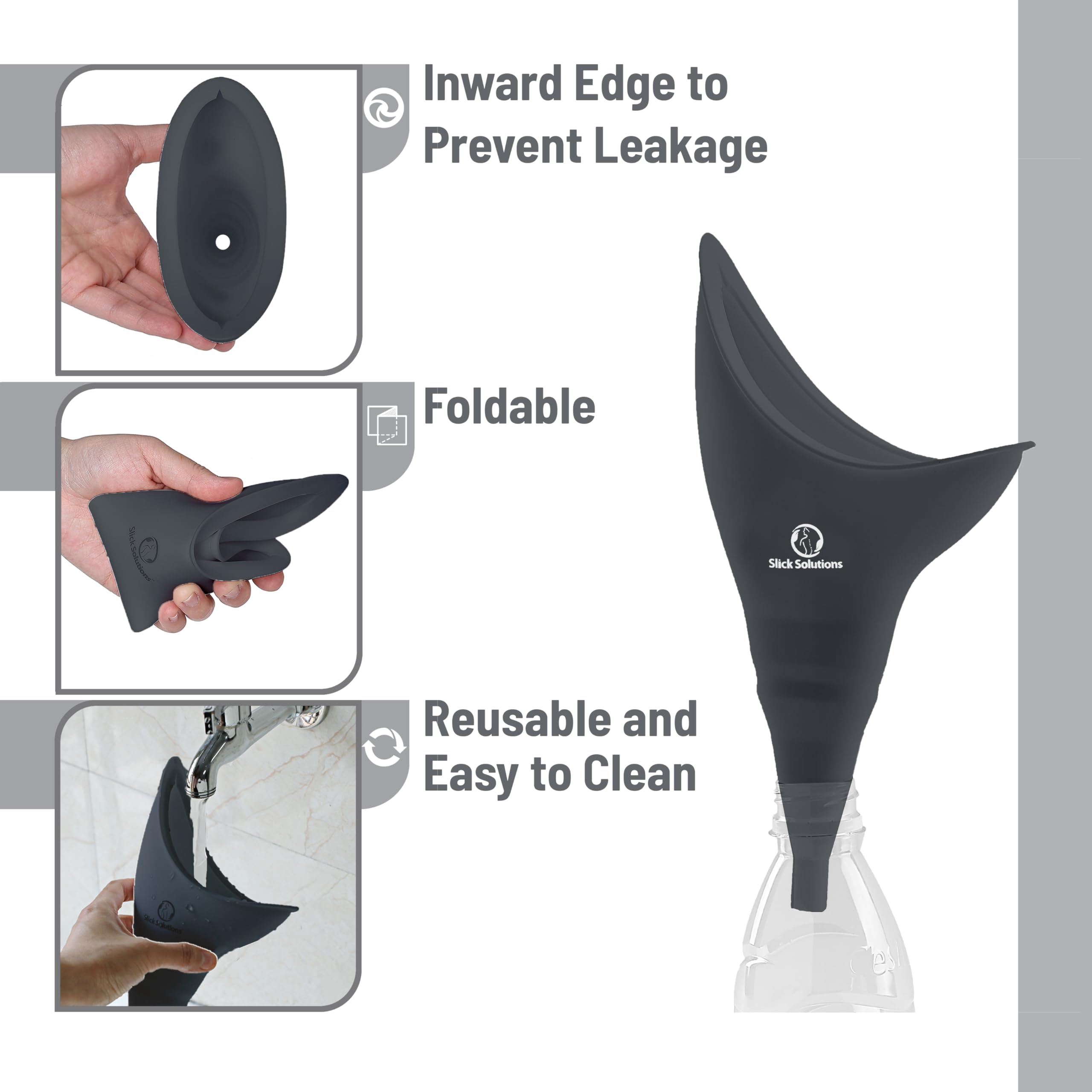 Slick Portable Female Urination Device - Reusable Women's Pee Funnel for Outdoor, Camping & Travel - Compact Gray Female Urinal for Hiking, Road Trips & Emergency Use