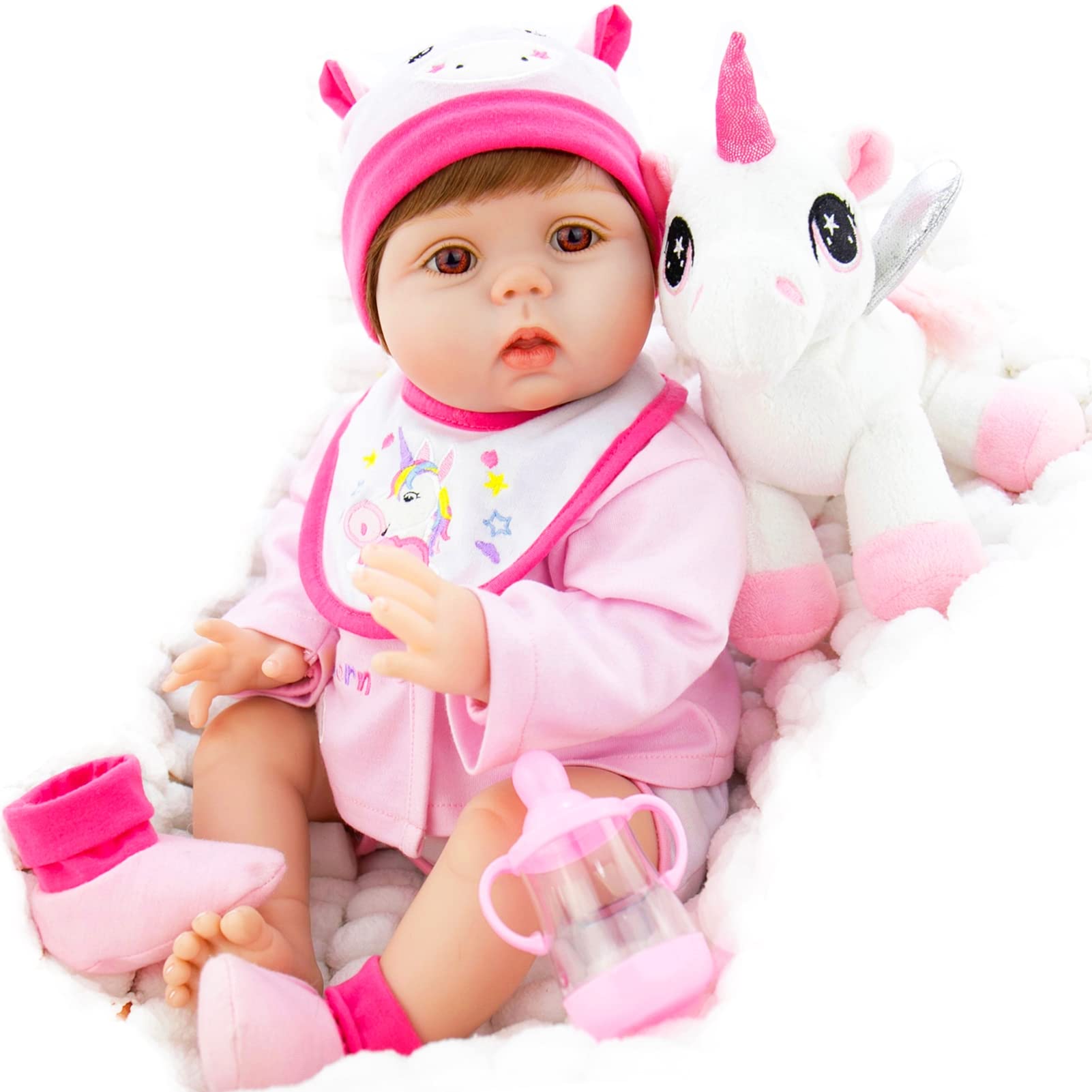 22 Inch Realistic Weighted Reborn Baby Doll - Lifelike Newborn Girl with Magnetic Pacifier & Feeding Accessories | Pink Unicorn Theme | Perfect for Collectors, Therapy, Gift Giving & Role Play