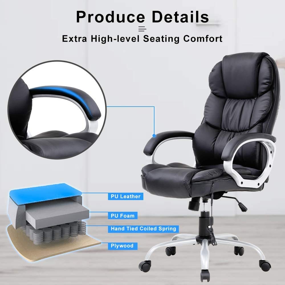 Ergonomic Office Chair with Lumbar Support & Massage Function - Adjustable High Back PU Leather Desk Chair, Rolling Swivel & Armrests for Home Office, Gaming, Study & Workspace Comfort