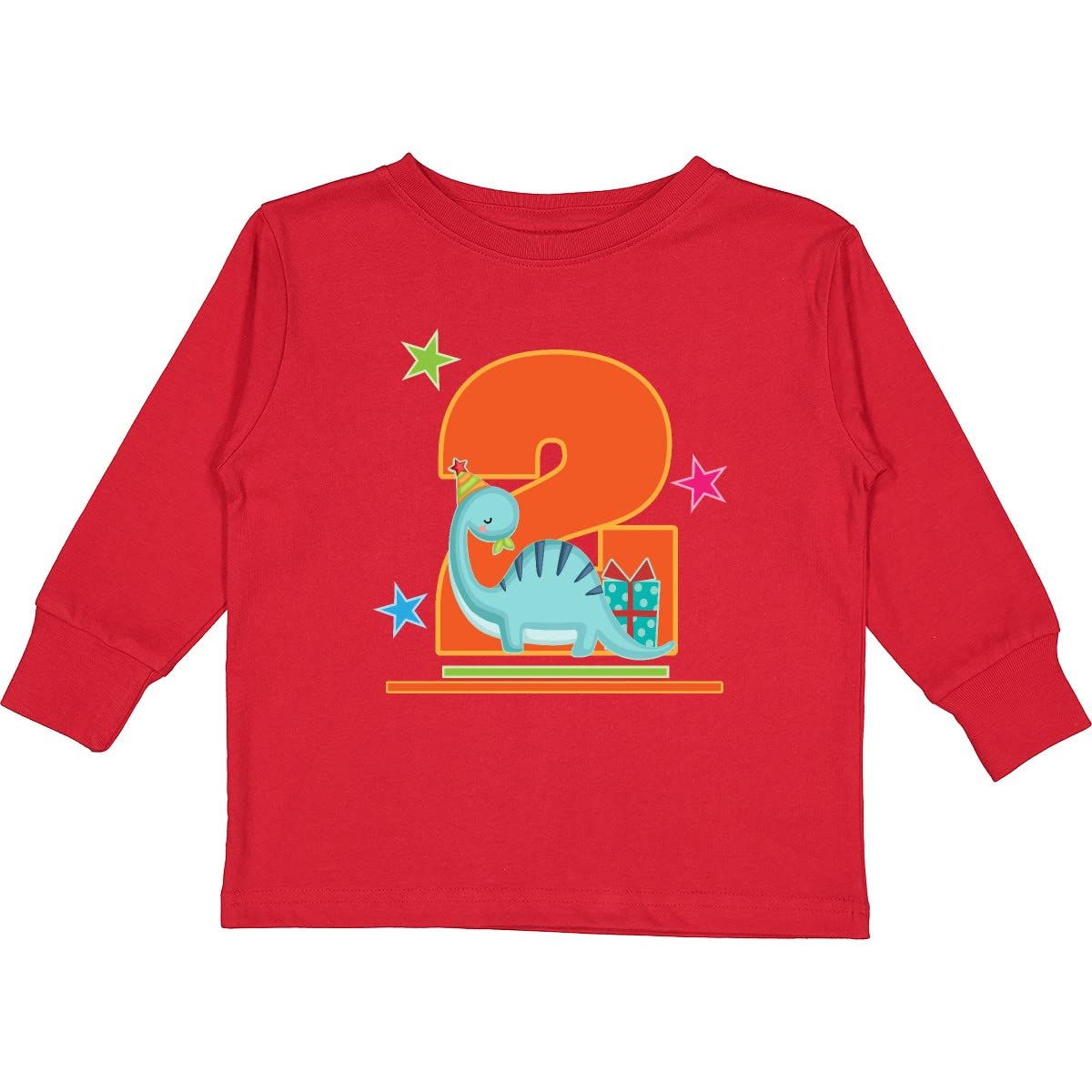 Inktastic 2nd Birthday Dinosaur T-Shirt for 2 Year Old Boys & Girls - Cute Toddler Long Sleeve Tee - Perfect for Birthday Parties, Photo Shoots & Everyday Play