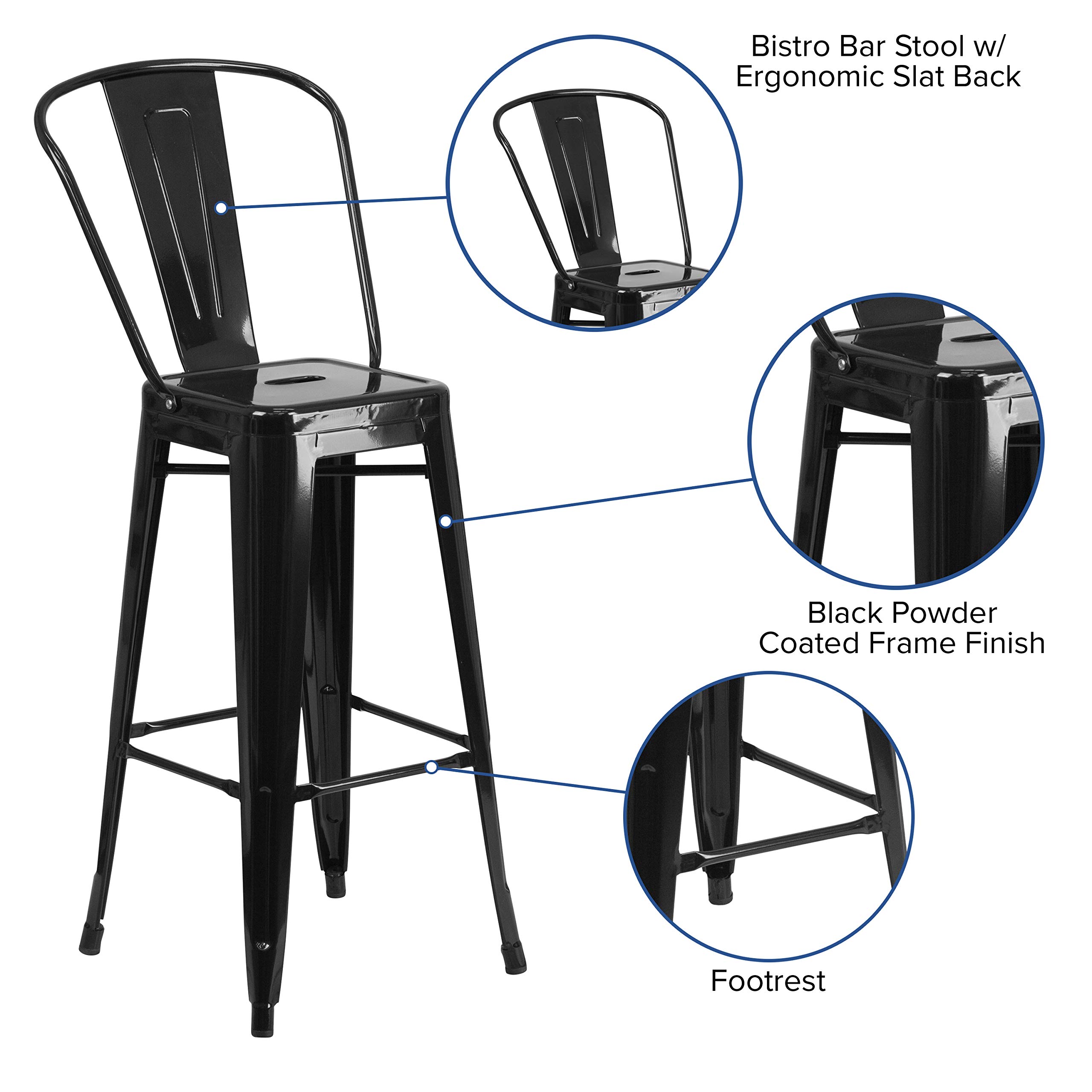 EMMA + OLIVER 30 Inch Black Metal Bar Stool with Back - Heavy Duty Commercial Grade Indoor Outdoor Counter Height Stool for Kitchen Island, Bar, Restaurant & Patio Use