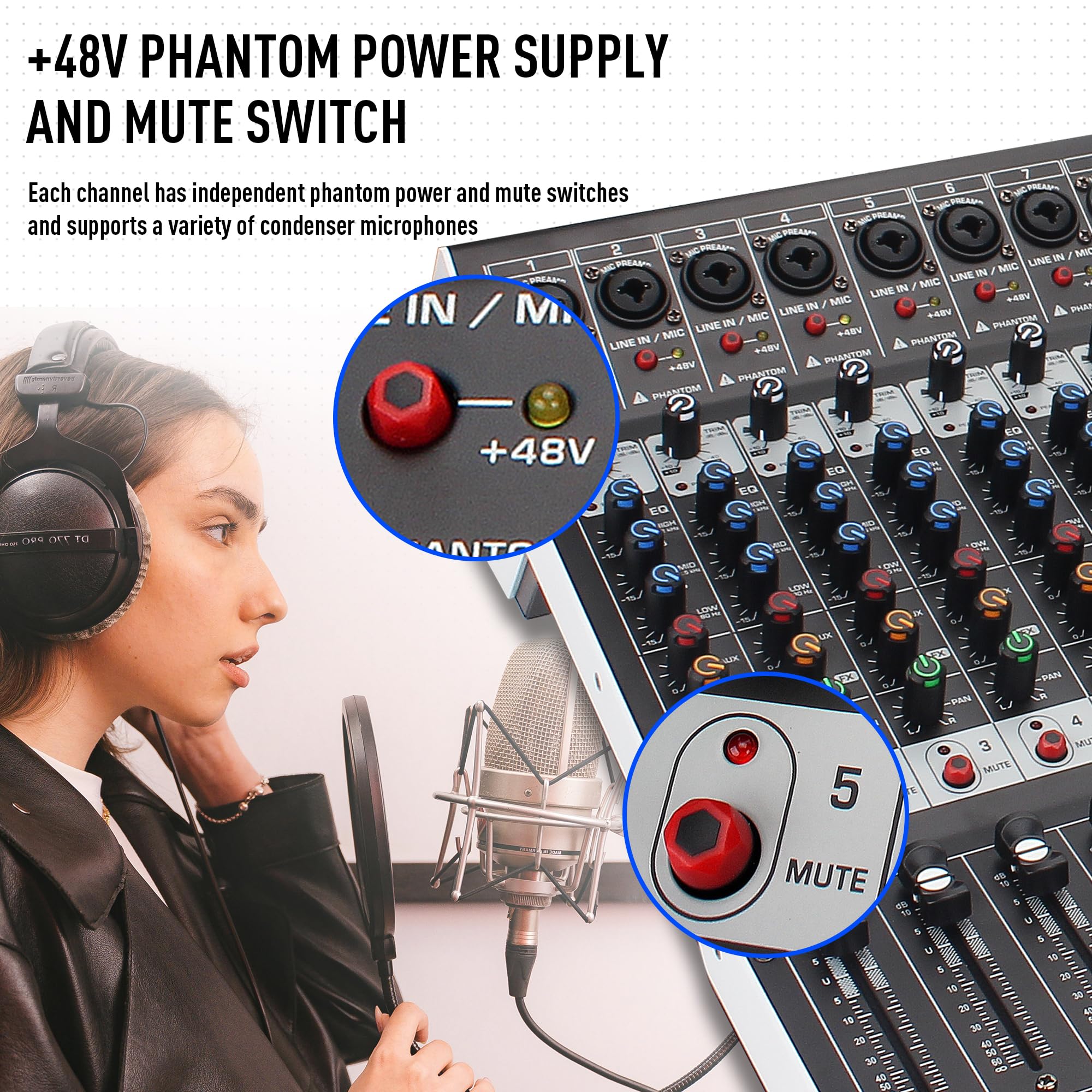 12-Channel Bluetooth Studio Audio Mixer with 99-Bit DSP Digital Processor, USB MP3 for PC Recording, RCA & XLR Microphone Inputs, 48V Phantom Power – Perfect for DJs, Podcasters, and Home Studio Recording