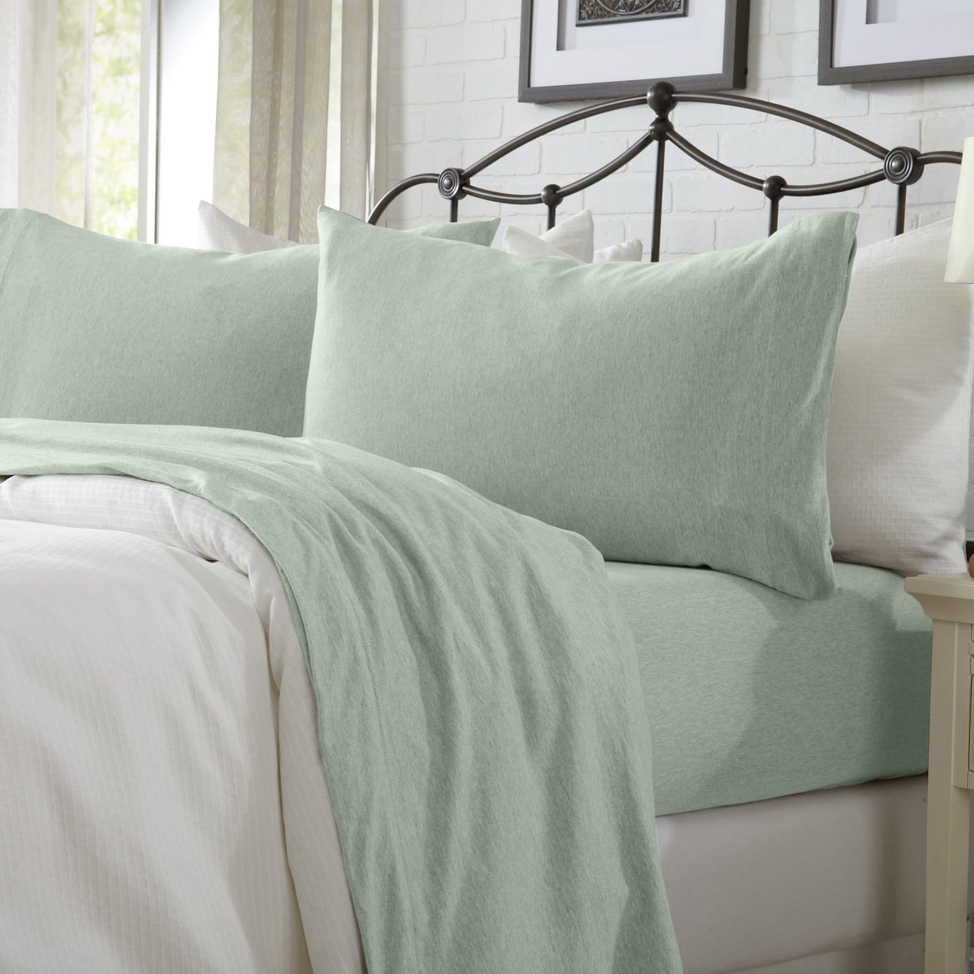 Premium Cotton Jersey Knit California King Sheet Set - Ultra Soft & Stretchy Heathered Melange Green Bed Sheets - Cozy T-Shirt Material with Pillowcases - Perfect for Master Bedroom, Guest Room & Dorm Comfort
