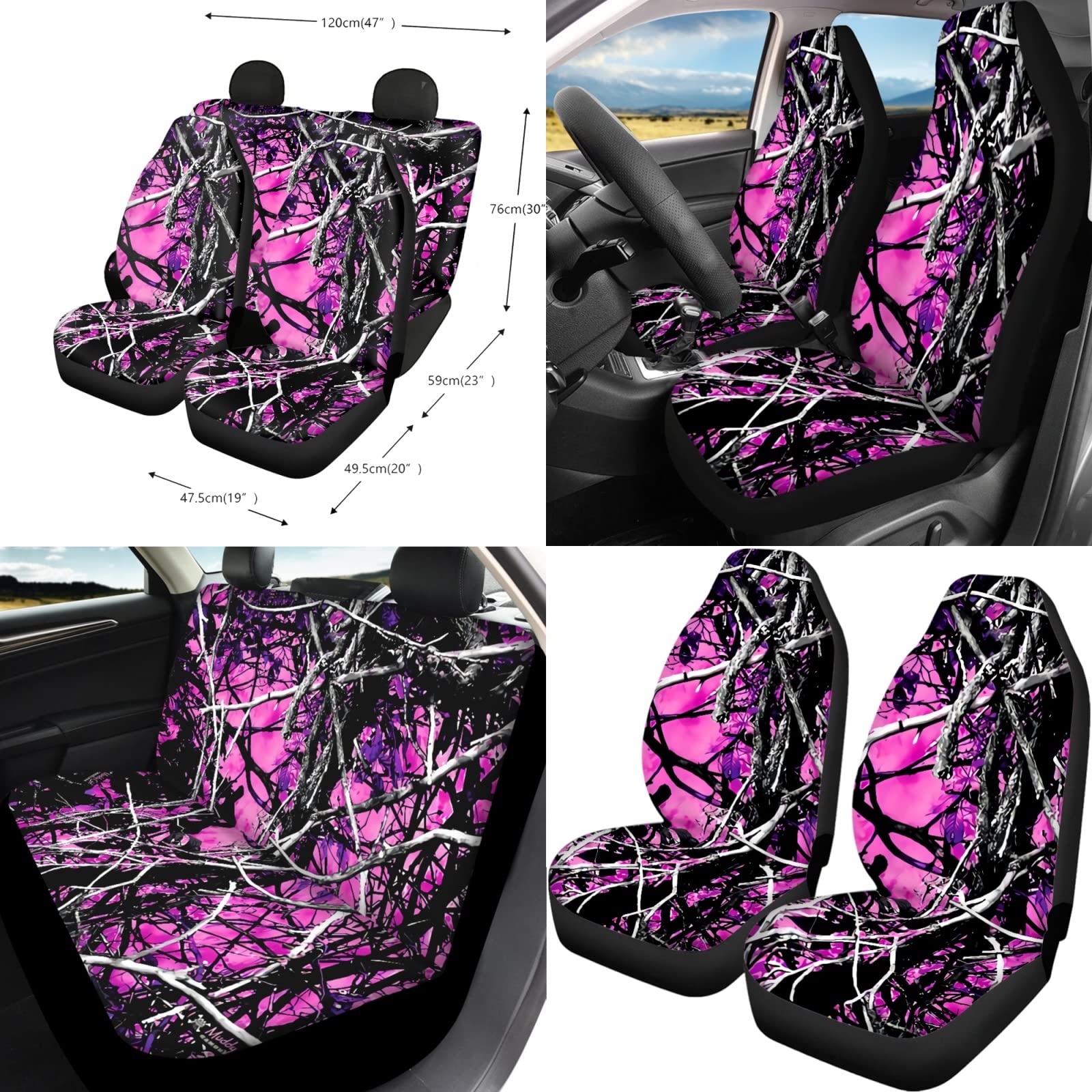 Xoenoiee 15-Piece Purple Camo Print Car Seat Covers Set - Universal Fit for Cars, SUVs & Trucks - Includes Floor Mats, Steering Wheel Cover, Seat Belt Pads, Armrest Pad & Keychains - Perfect for Off-Roading, Camping & Outdoor Adventures