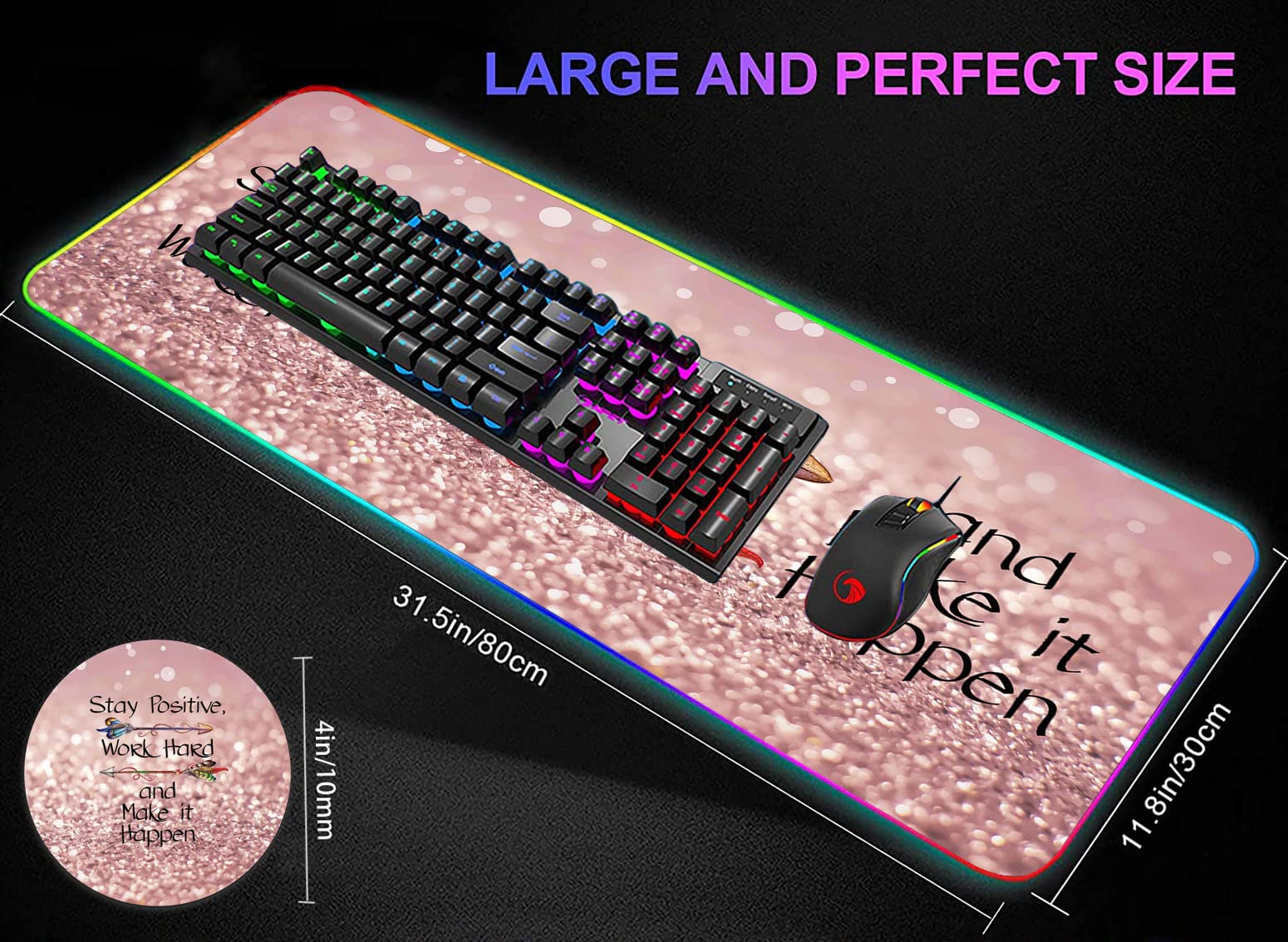 RGB Gaming Mouse Pad - Large LED Light-Up Desk Mat with Non-Slip Base, Pink Motivational Design - Perfect for PC Gaming, Office Work & Streaming Setup (Stay Positive Work Hard Theme)
