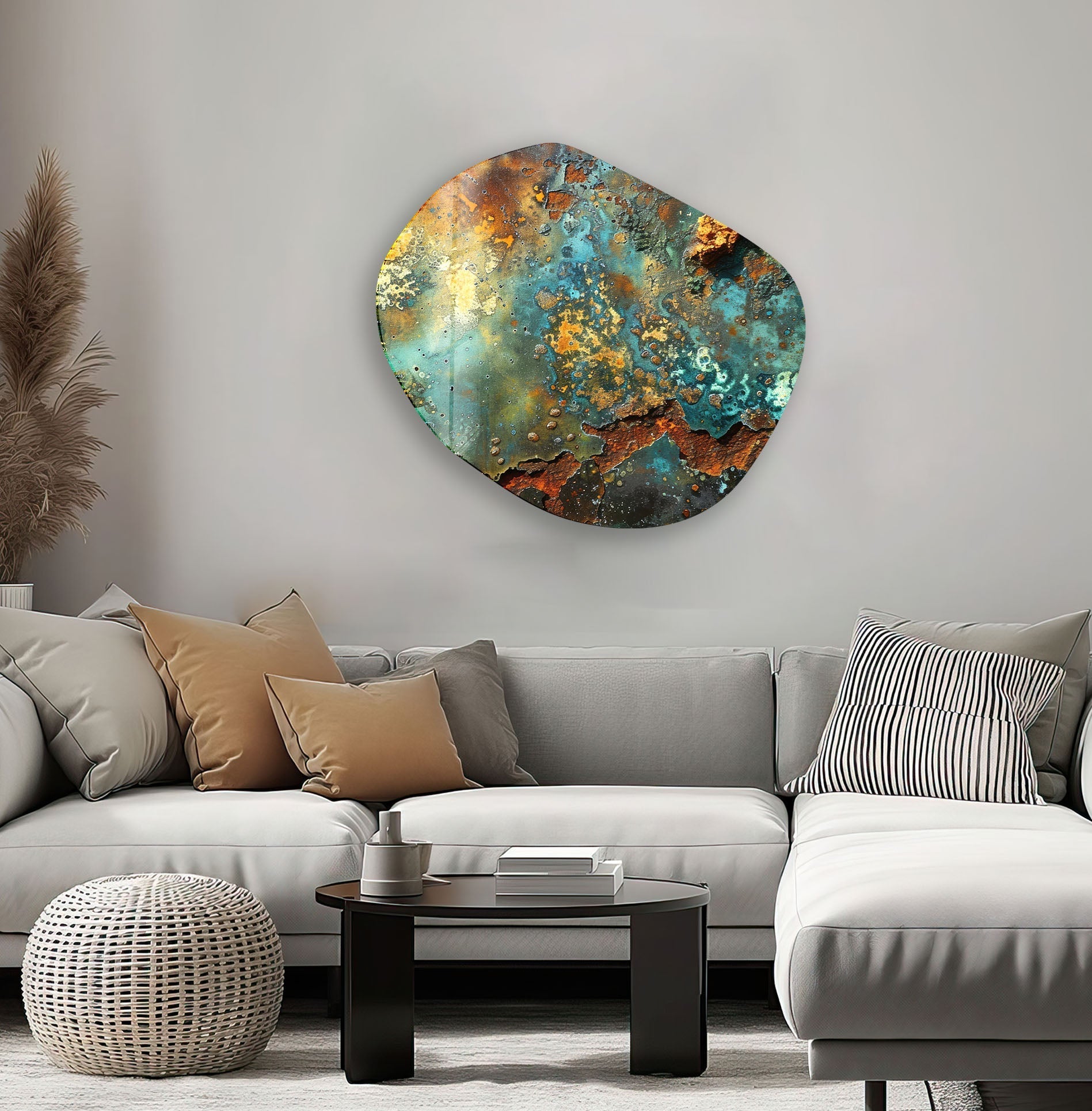 Abstract Green & Copper Oval Glass Wall Art - Modern Home Decor for Living Room, Bedroom & Office - Handmade Glass Artwork for Unique Interior Design