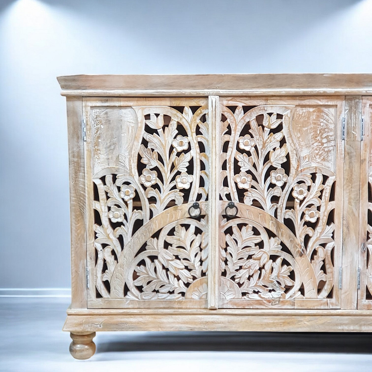 Handmade Carved Indian Mango Wood 4-Door Sideboard Cabinet - White Finish (180x40x90 cm) - Perfect for Dining Room Storage, Living Room Decor & Entryway Organization