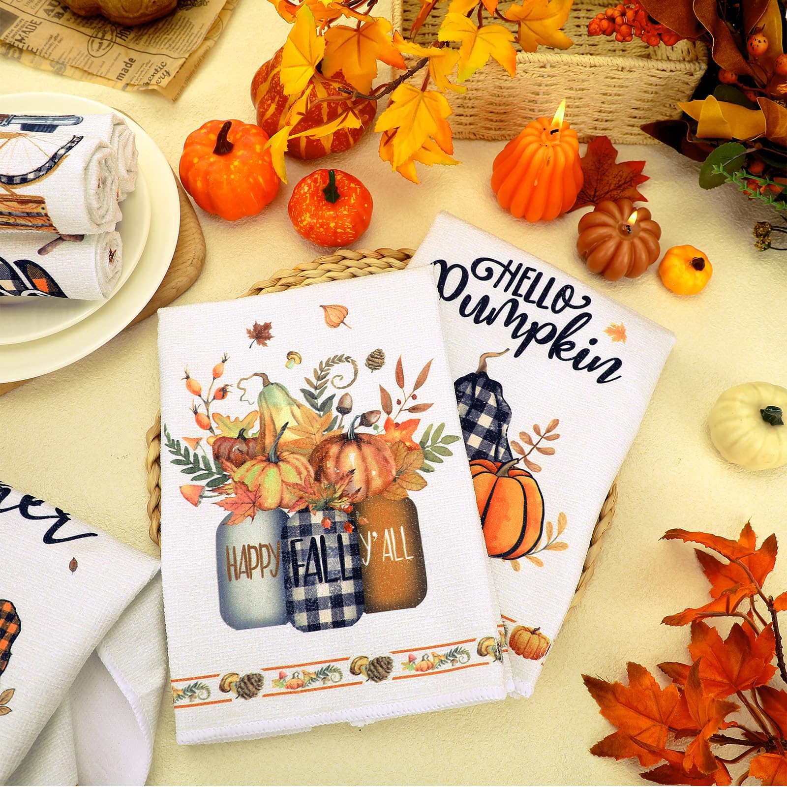 6-Piece Happy Fall Kitchen Towel Set - Thanksgiving Pumpkin & Autumn Harvest Dish Towels - Farmhouse Cotton Tea Towels with Truck, Gnomes & Bikers Design - Perfect for Farmhouse, Home Kitchen & Fall Decorations