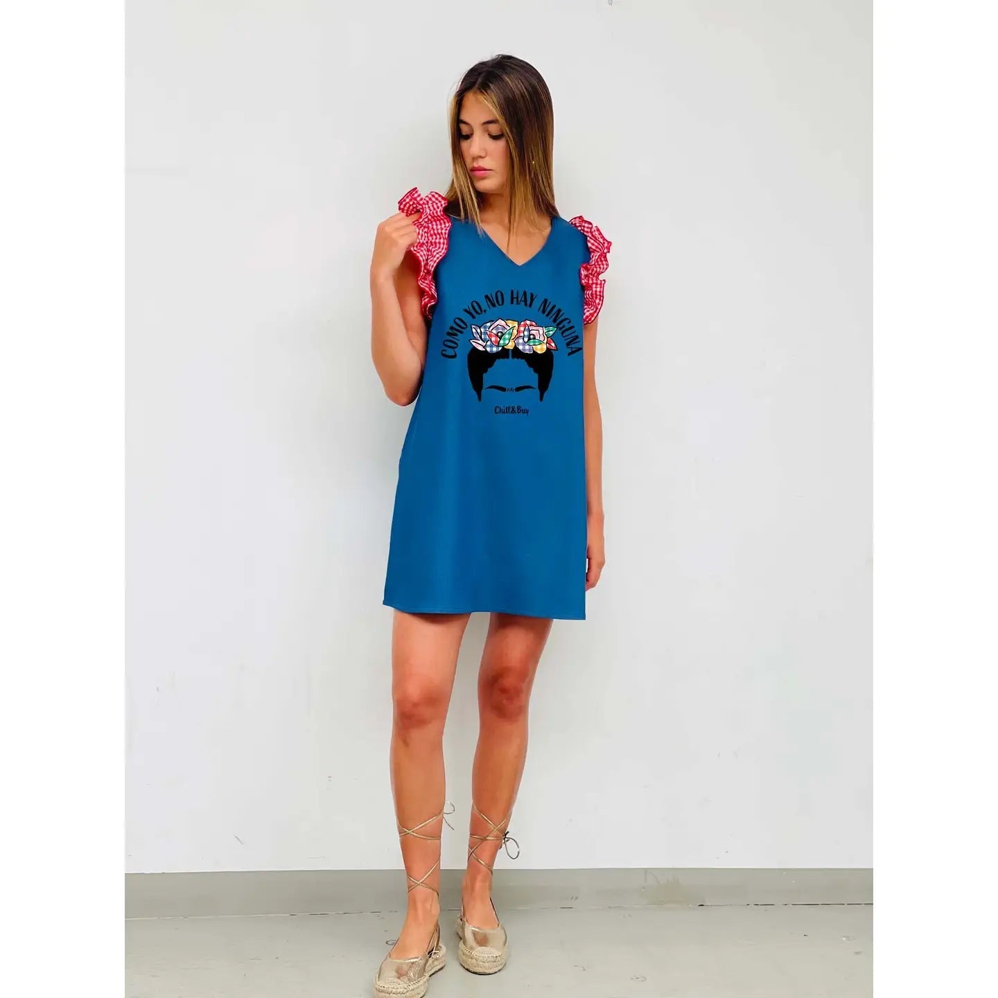 Red Gingham Floral Embroidered Denim Dress with Ruffles - Vintage Inspired Frida Silhouette for Casual Outings & Boho Fashion