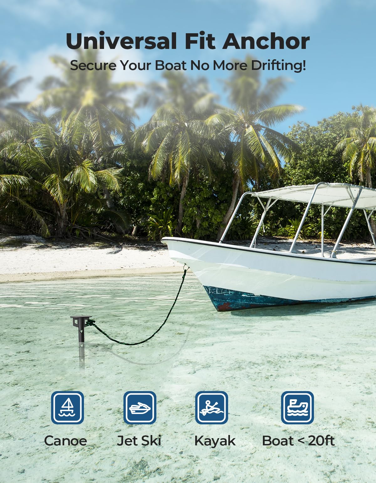 KEMIMOTO Boat Anchor Kit - Lightweight Sand Anchor for Kayak, Jet Ski, PWC, Canoe & Small Boats | Shallow Water & Beach Use | Durable Safety System for Pontoon & Watercraft