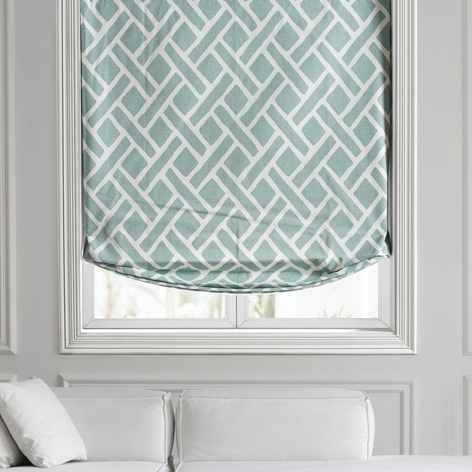 Martinique Aqua Geometric Printed Cotton Roman Shade - Stylish Window Treatment for Living Room, Bedroom & Office Decor