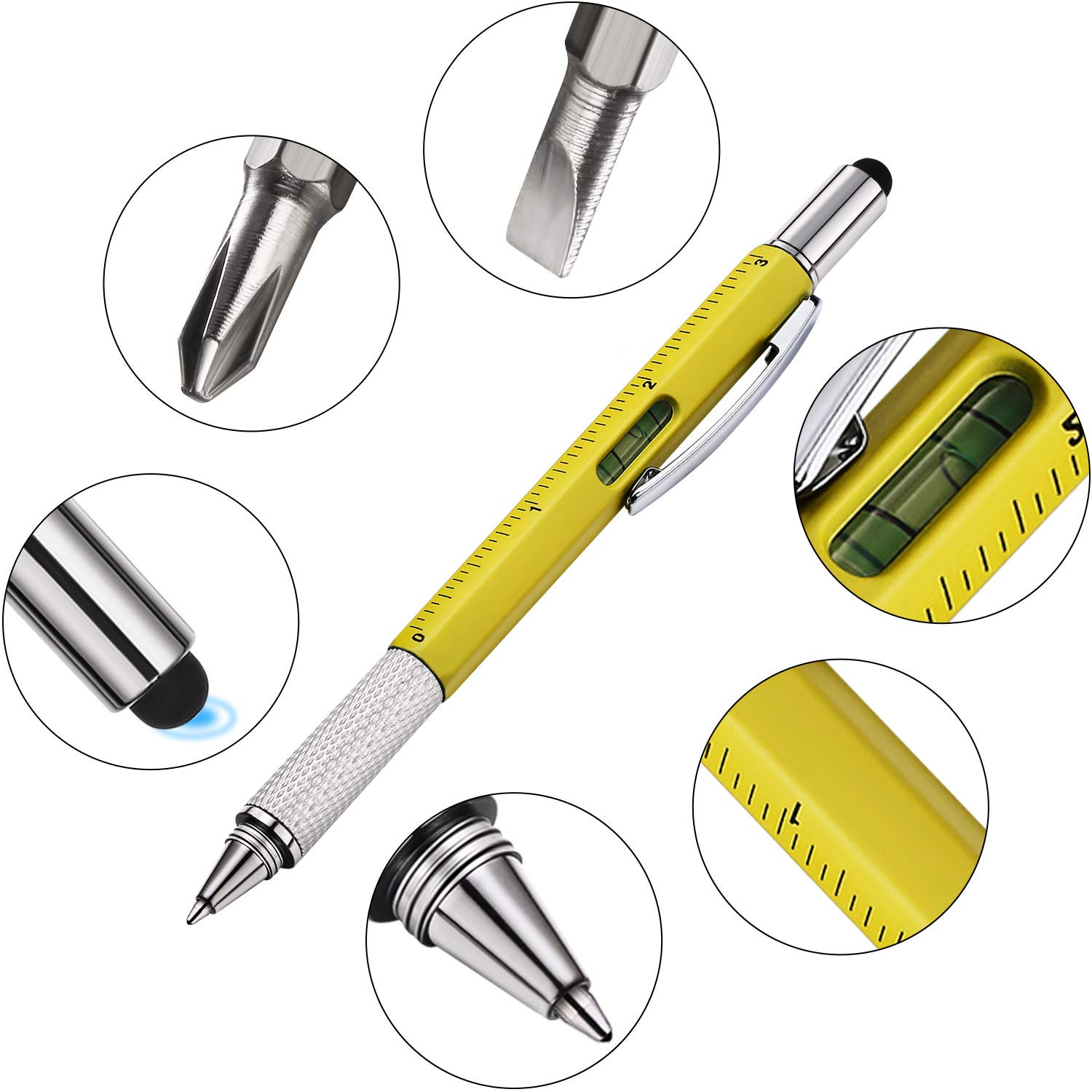 16-in-1 Multitool Pen with Ruler, Level Gauge & Ballpoint - Gold/Black/Silver/Yellow - Perfect Gift for Men, Professionals & DIY Enthusiasts - Great for Office, Workshop, Camping & Everyday Carry